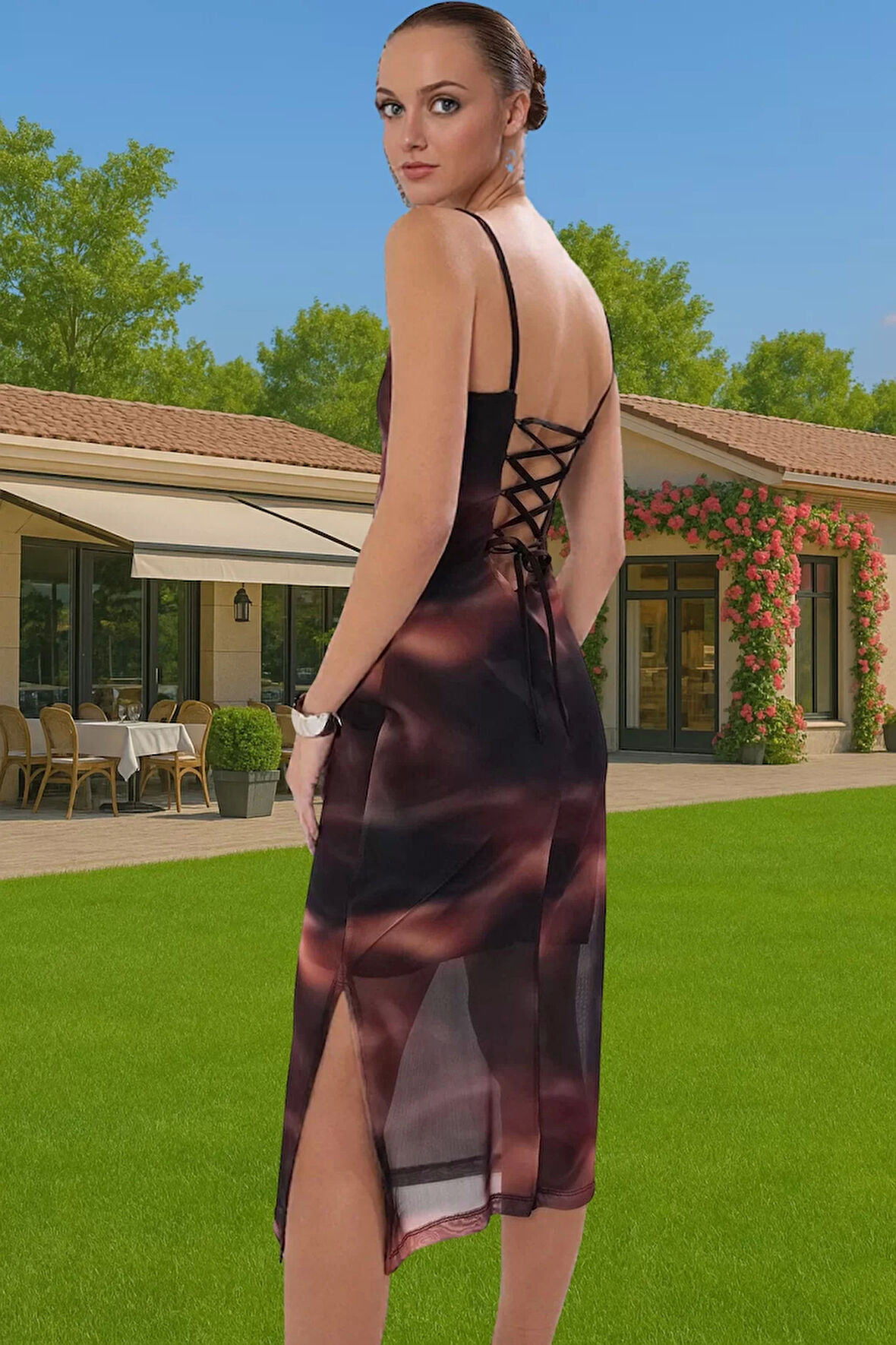 Askılı Bodycon Polyester Elbise Baskılı Tül Midi Premium Kalite Zarifane Tasarım Özel Tasarım