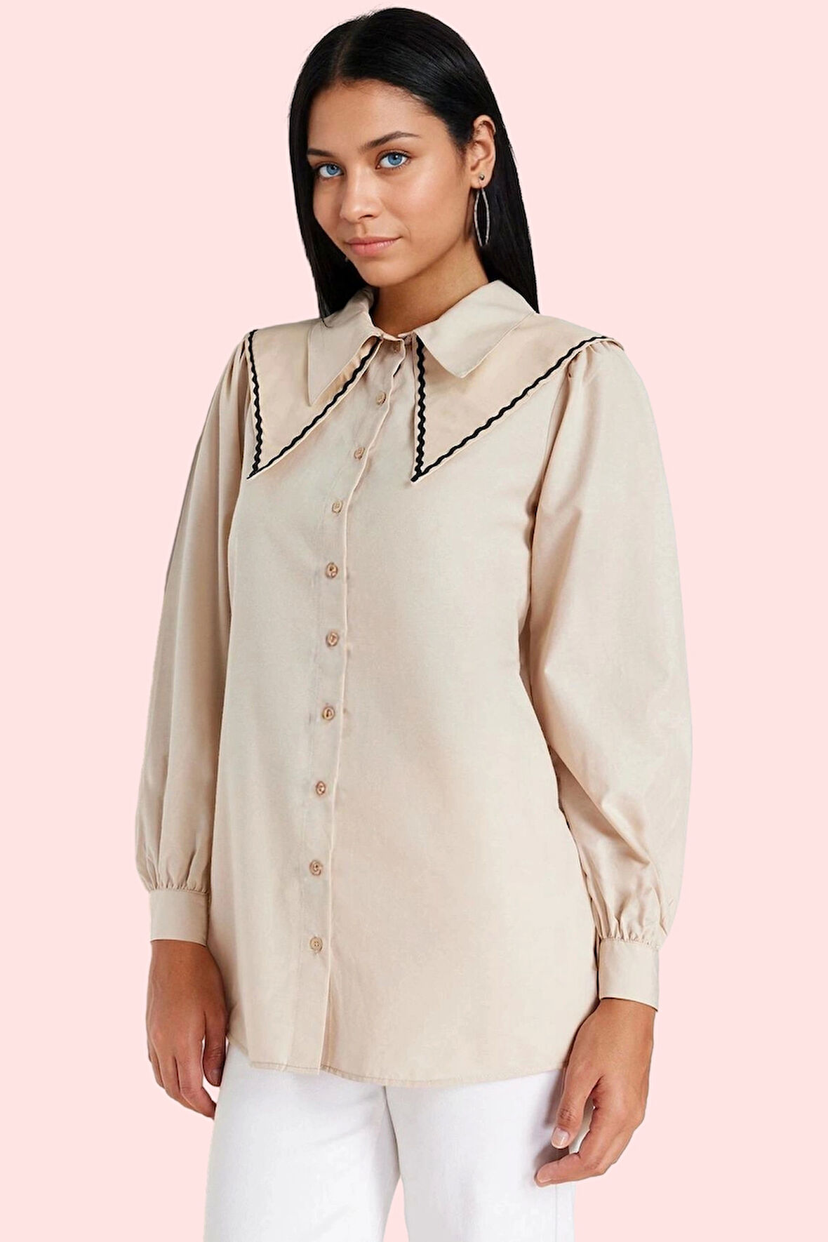 Kadın Pamuk Polyester Poplin Gömlek Taş Yaka Detaylı Günlük Kullanım Yaz Aylarının Vazgeçilmezi