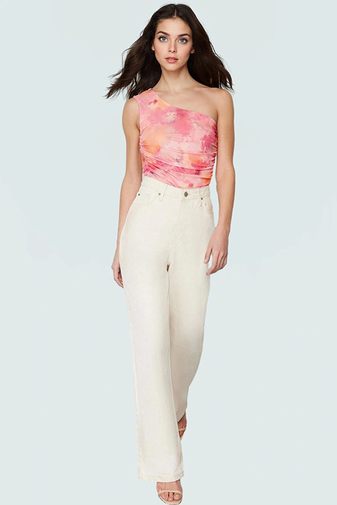 Asimetrik Yaka Kolsuz Fitted Örme Bluz Tül Kumaş Çiçek Desenli Rahat Özenle Seçilmiş