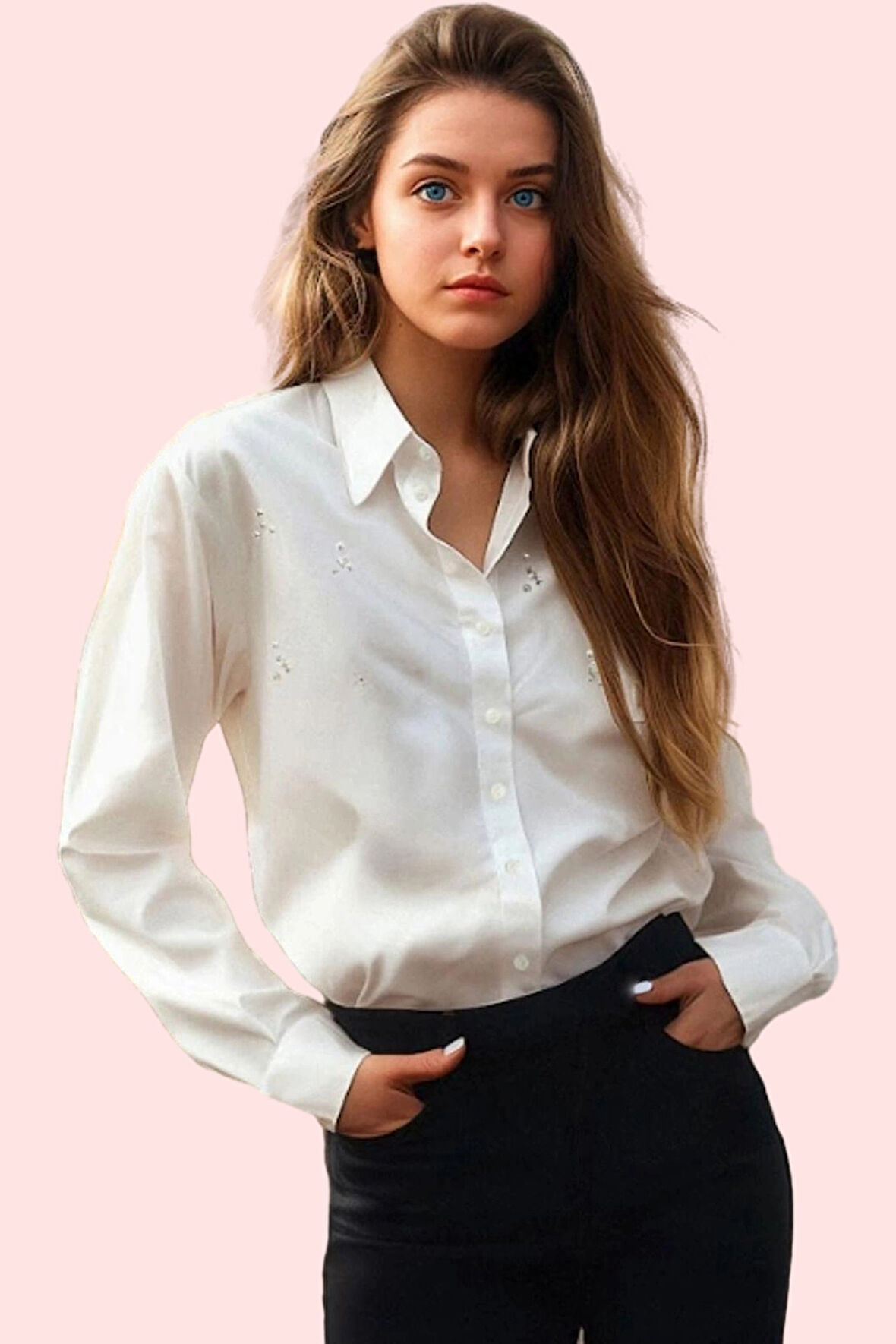 Kadın Terrycotton Dokuma Gömlek Oversize Taş Detaylı Günlük ve Şık Yaz Aylarının Vazgeçilmezi
