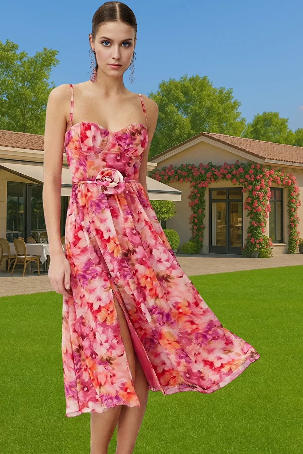 Polyester Çiçek Desenli A Kesim Abiye Elbise Özel Günler İçin Zarifane Tasarım Zarifane Tasarım