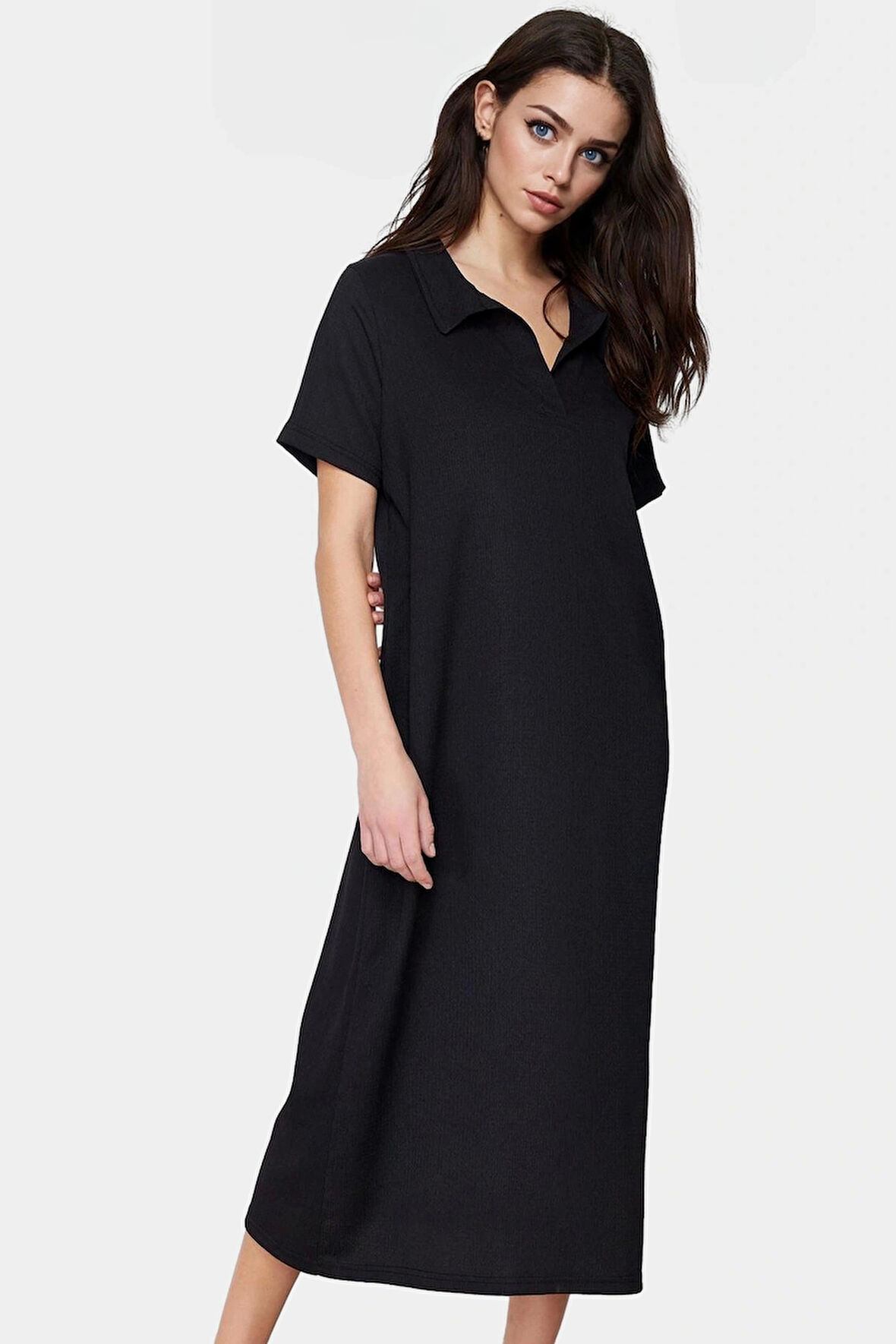 Yazlık Bürümcük Dokulu Midi Elbise Nefes Alan Polyester Kumaş Polo Yaka Kısa Kollu