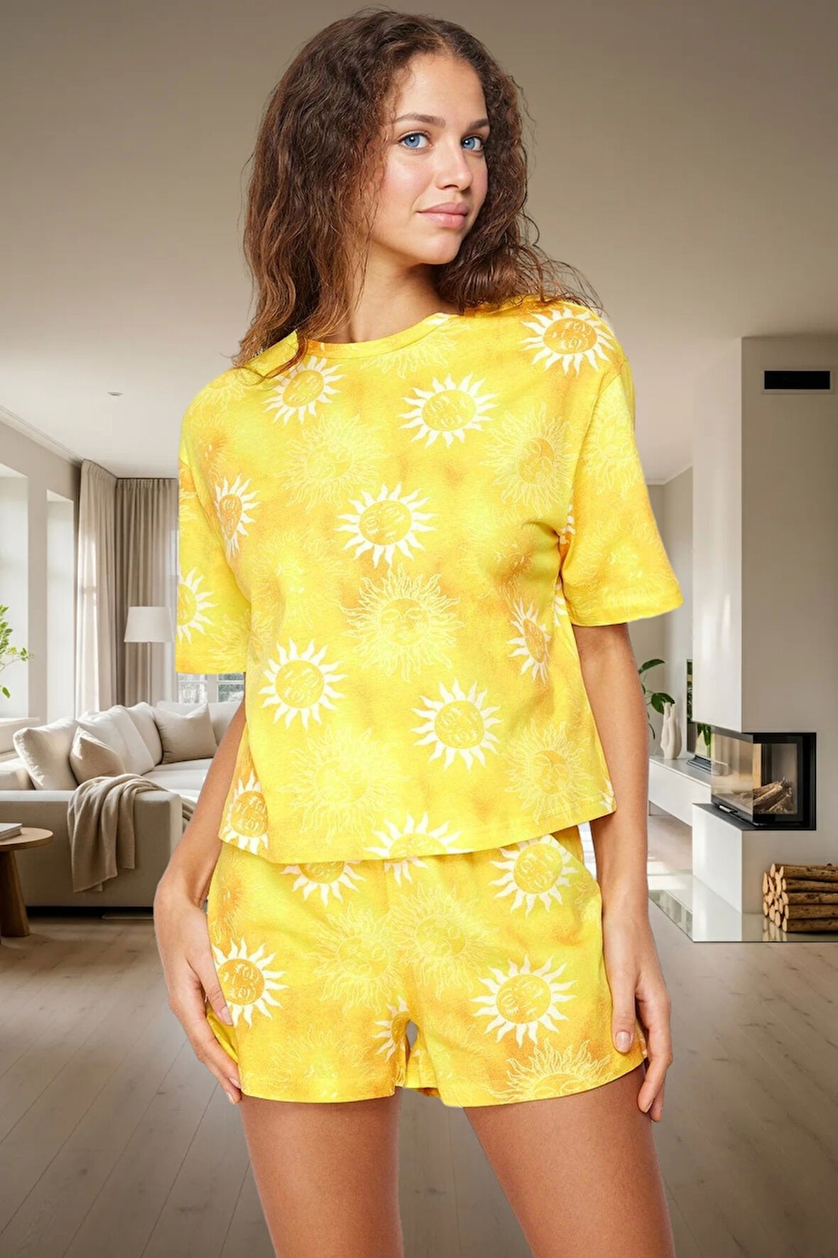 Örme %100 Pamuk Güneş Desenli Pijama Takımı Yaz Rahatlığı Premium Kalite Uzun Ömürlü Trend Tasarım