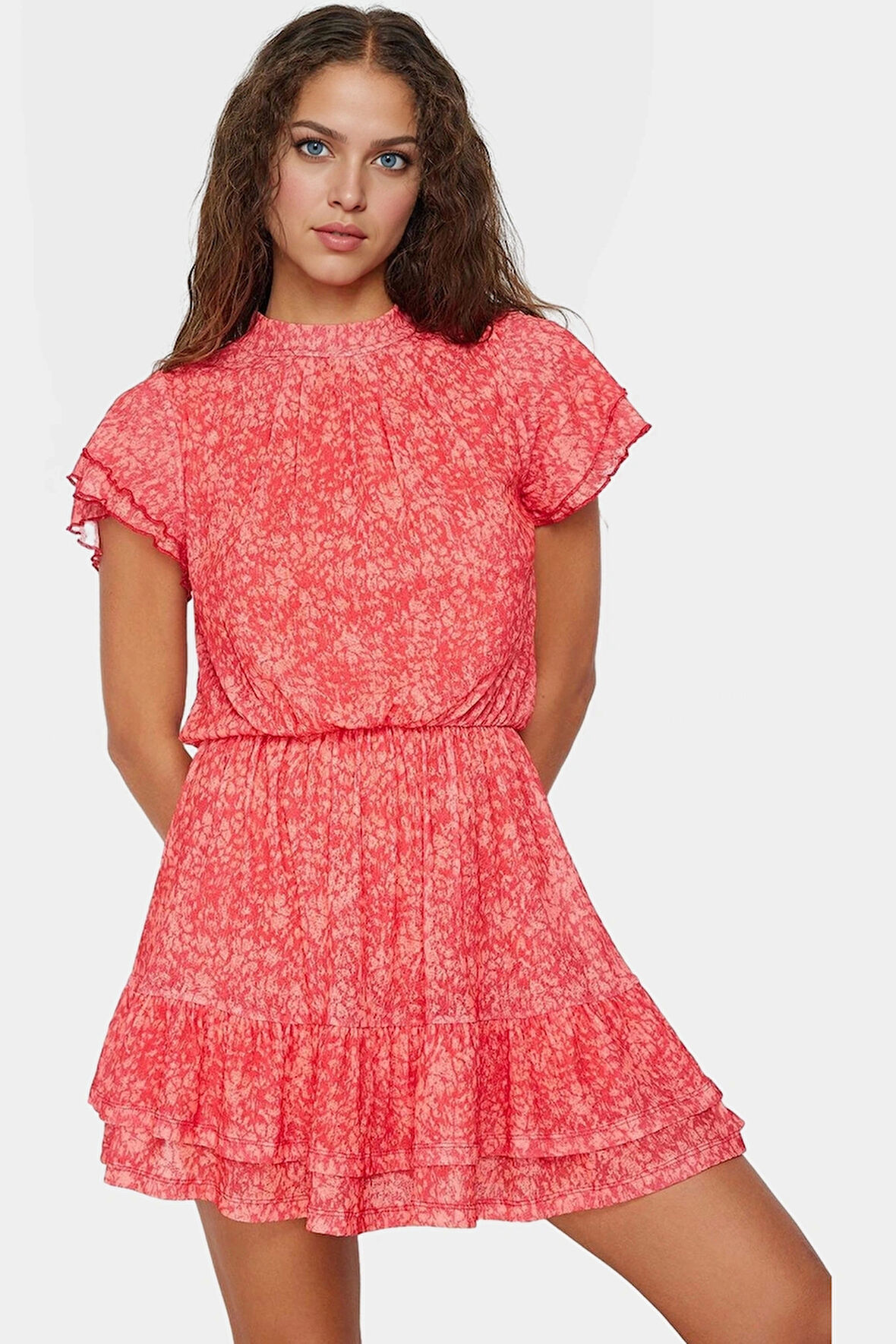 Yazlık Kısa Mini Elbise Çiçek Desenli Dik Yaka Astarlı Polyester Kumaş Kaliteli İşçilik