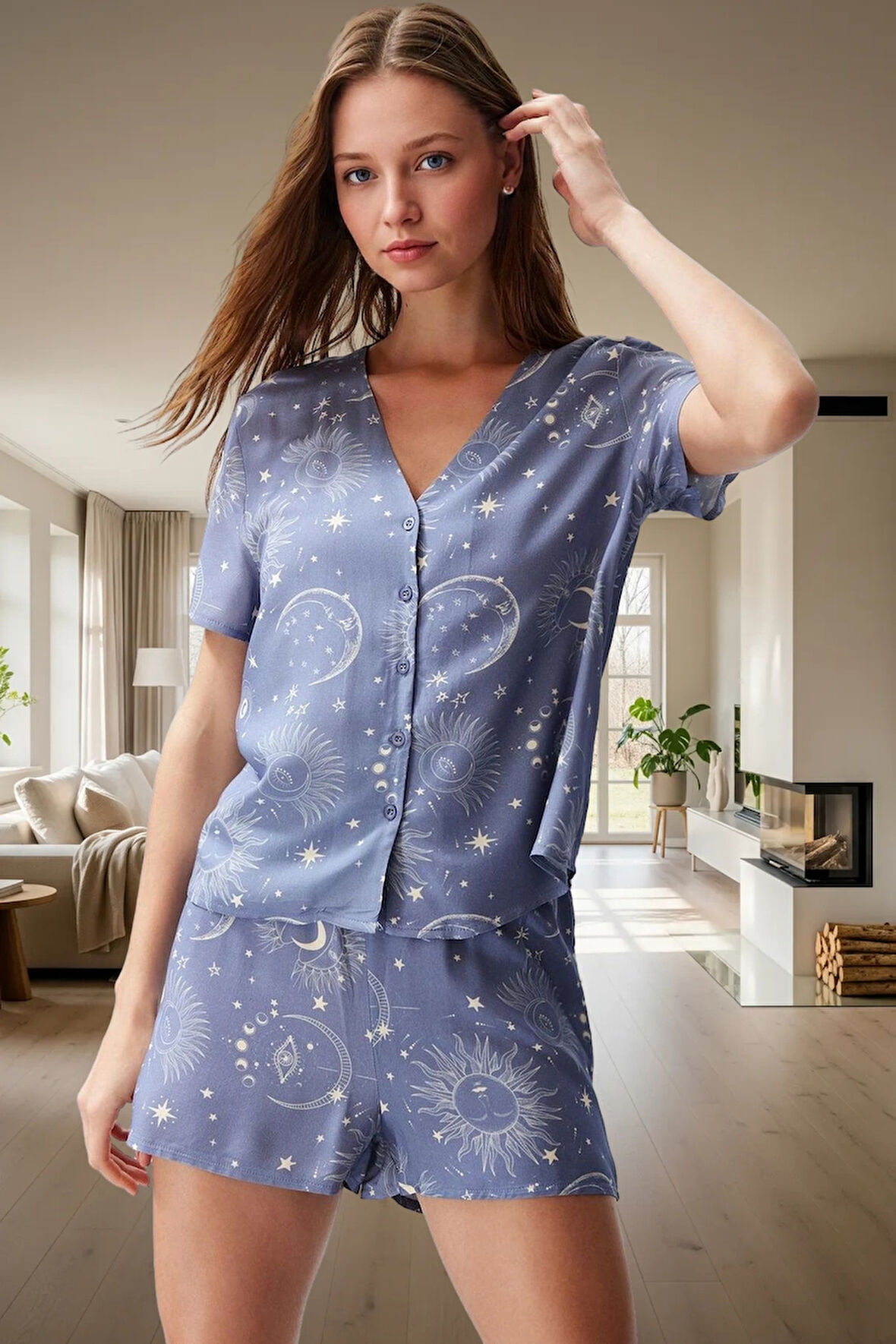 Rahat Ev Giyim Kadın Galaksi Desenli Viskoz Şortlu Pijama Takımı Zarifane Tasarım Özel