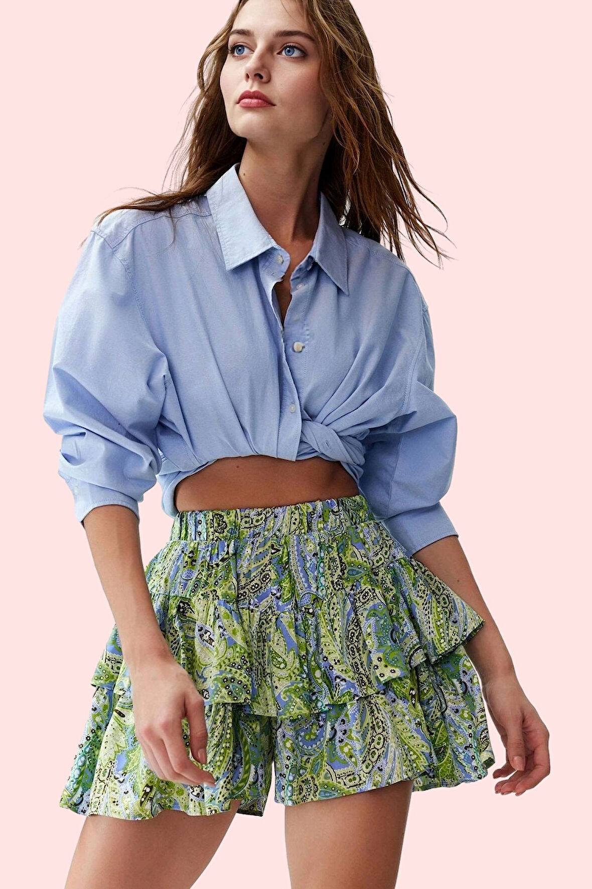 Kadın Yüksek Belli Kısa Şort Etek Geniş Paça Viskoz Dokuma Shally Desenli Yaz Günlük Kullanım