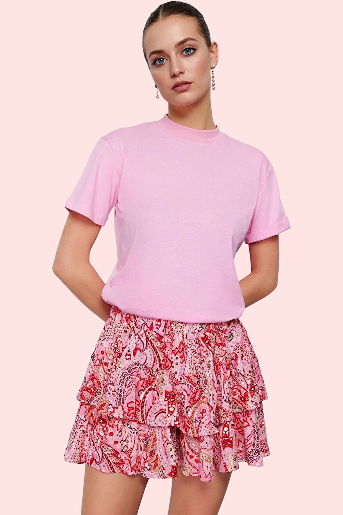 Kadın Yüksek Belli Kısa Şort Etek Geniş Paça Viskoz Dokuma Shally Desenli Yaz Günlük Kullanım