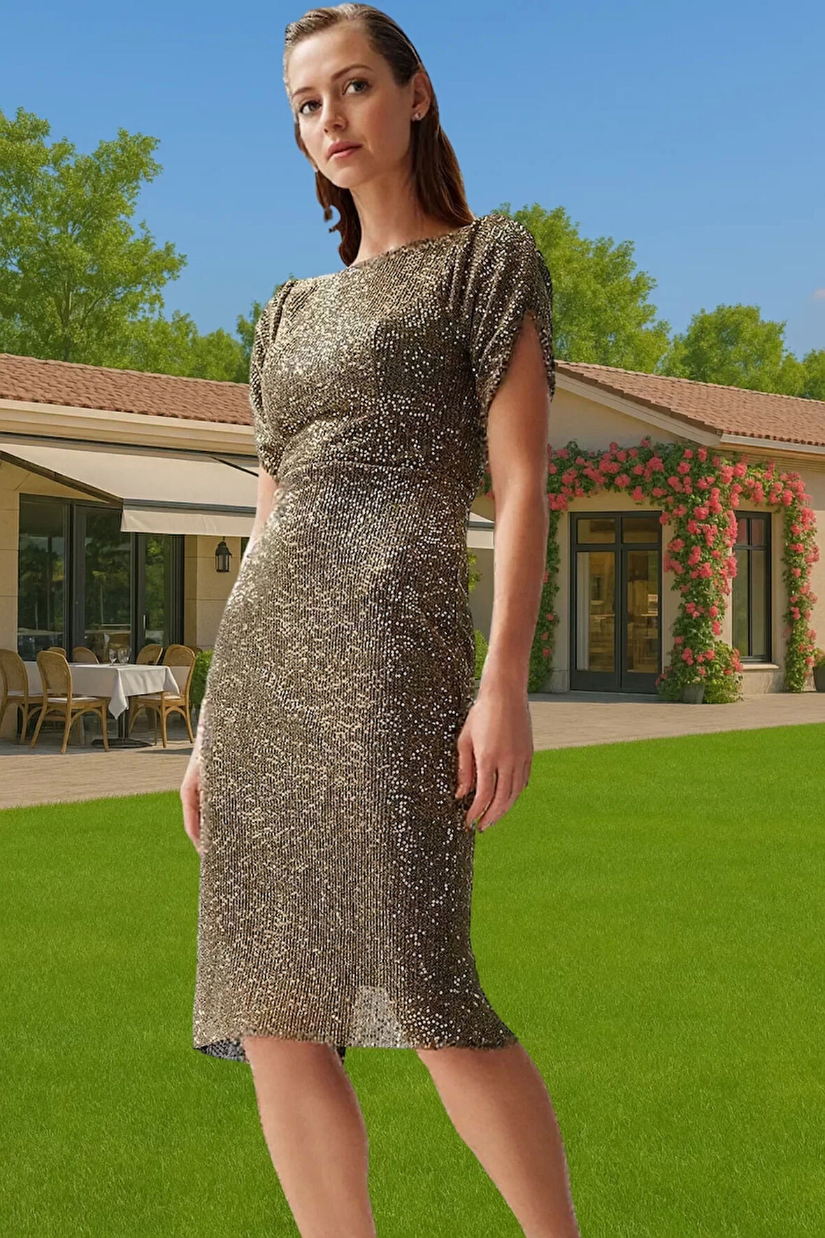 Altın Örme Payet Abiye Elbise Astarlı Bodycon Kalıp Kısa Kollu Şık Görünüm Konforlu Kesim