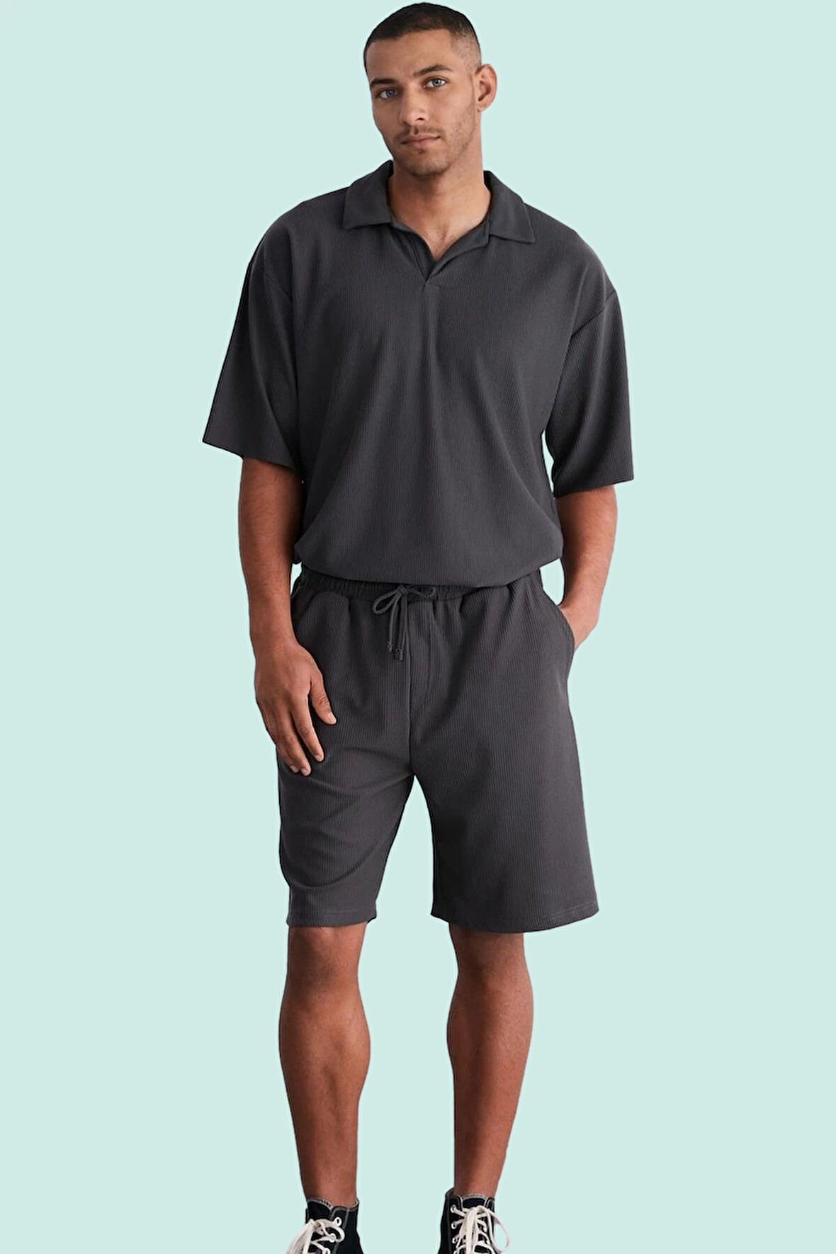 Erkek Kısa Boy Normal Bel Geniş Paça Şort Ottoman Dokuma Polyester Elastan Günlük Hafta Sonu