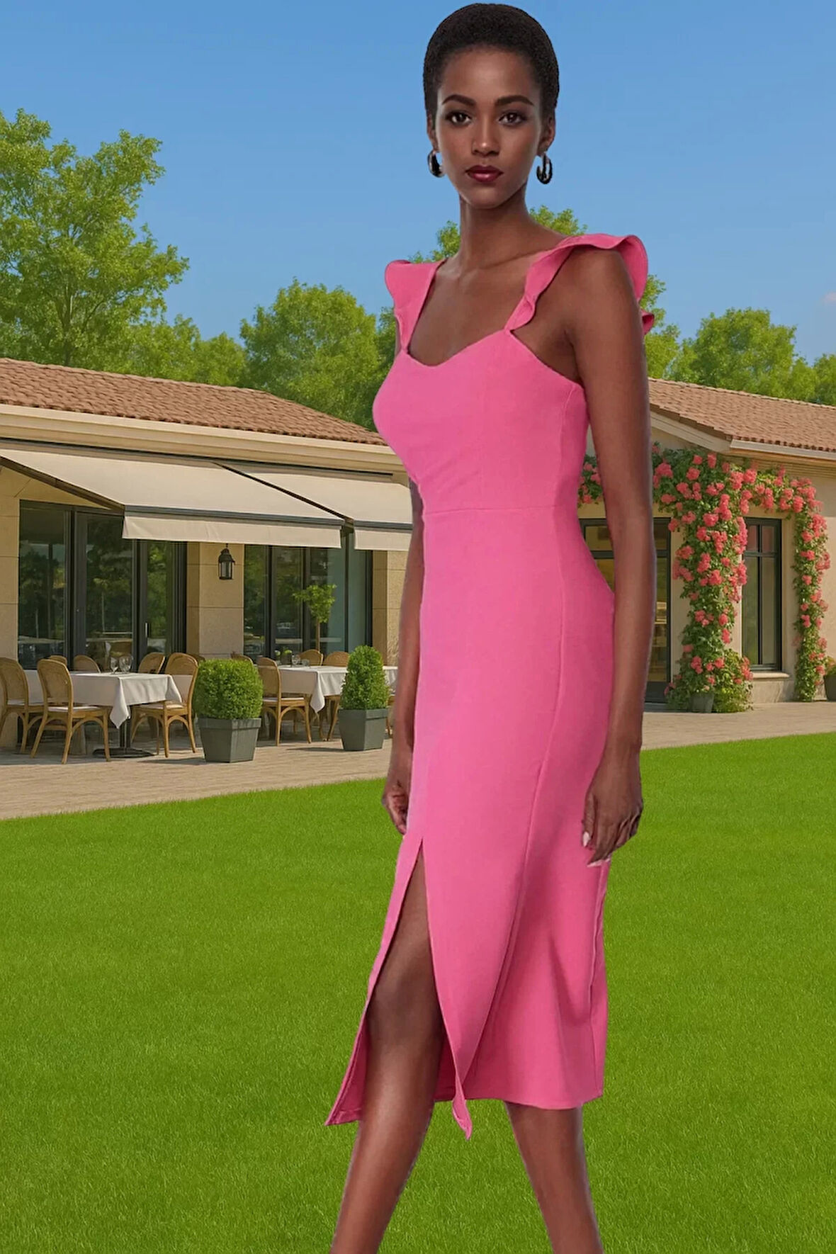 Vücut Hatlarını Vurgulayan Fırfırlı Midi Boy Dokuma Elbise Konforlu Kesim Modern Stil Premium Kalite