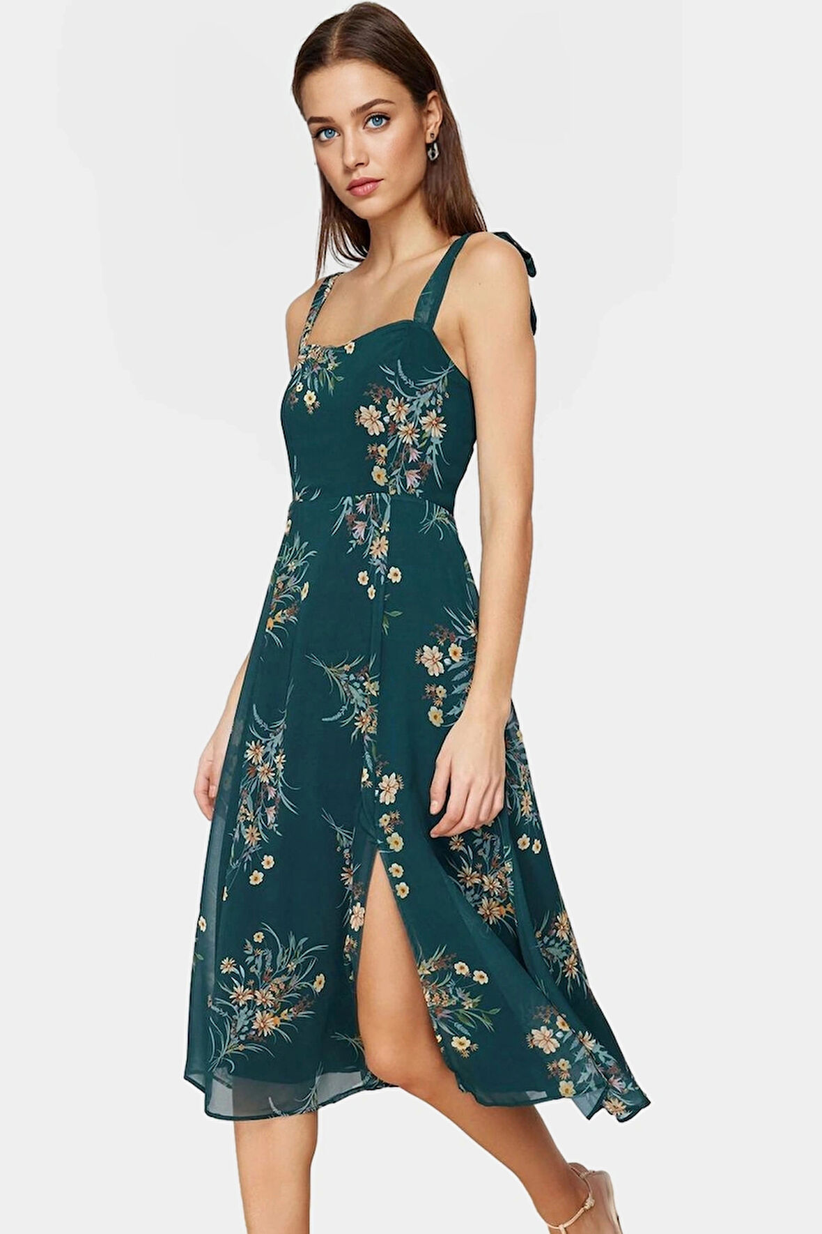 A line Gipeli Şifon Midi Elbise Dokuma Kumaş Kare Yaka Şık Görünüm Kaliteli İşçilik