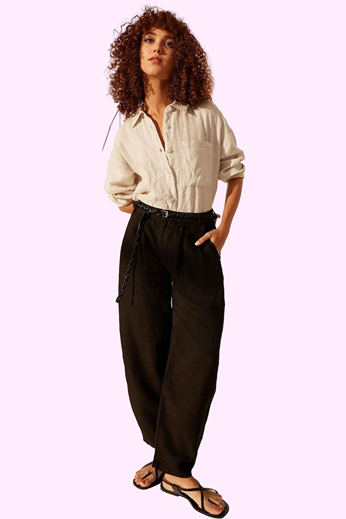 Kadın Keten Boyfriend Pantolon Yüksek Bel Geniş Paça Dokuma Kumaş Günlük Stil Modern Tasarım