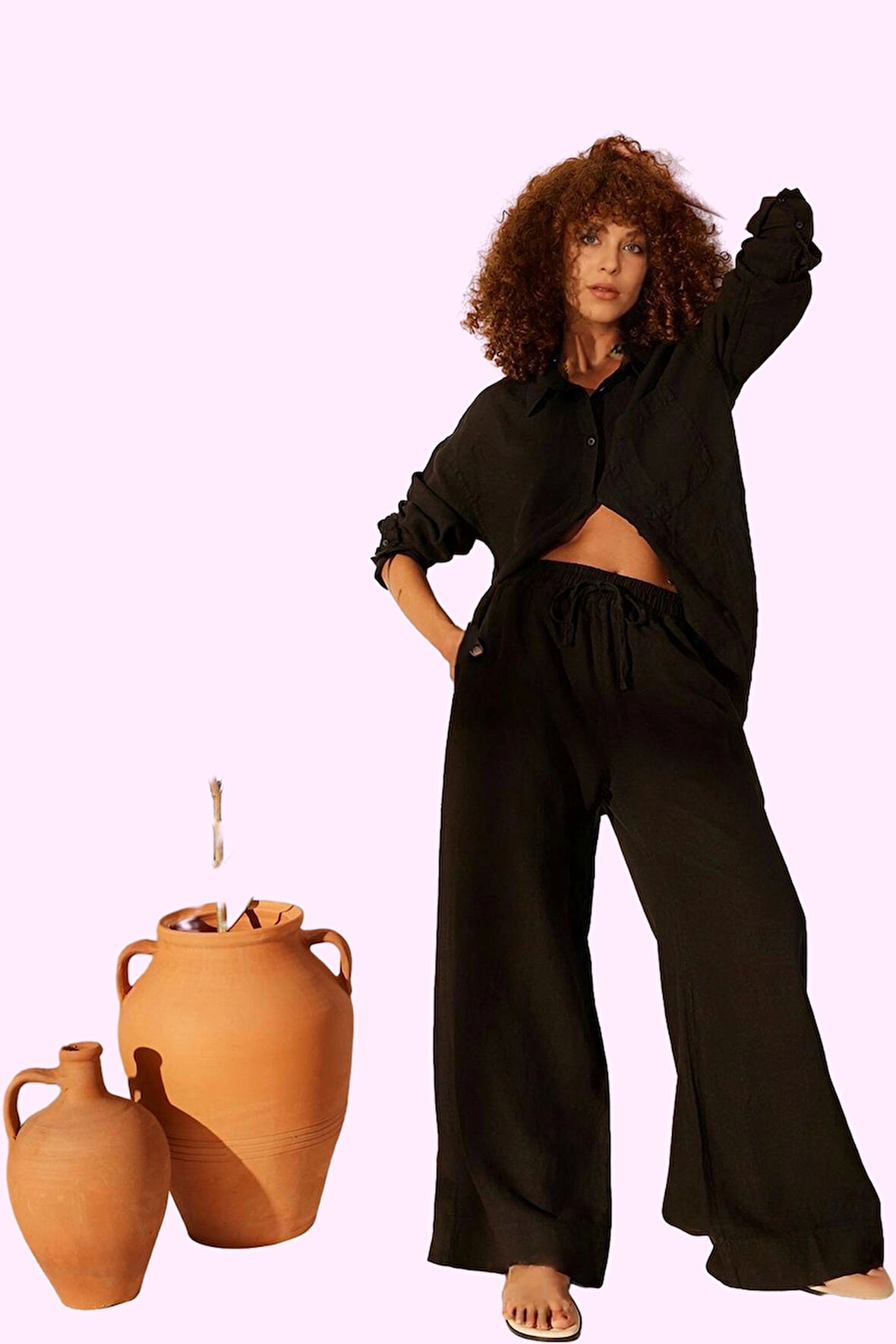 Kadın Dokuma Keten Pantolon Yüksek Bel Geniş Paça Yazlık Model Günlük Kullanım Özel Günler