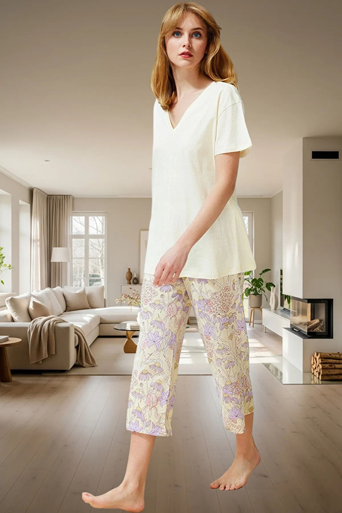 Çiçekli Kapri Pijama Yumuşak Örme Regular Kalıp Trend Tasarım Yüksek Kalite Seçkin Malzeme