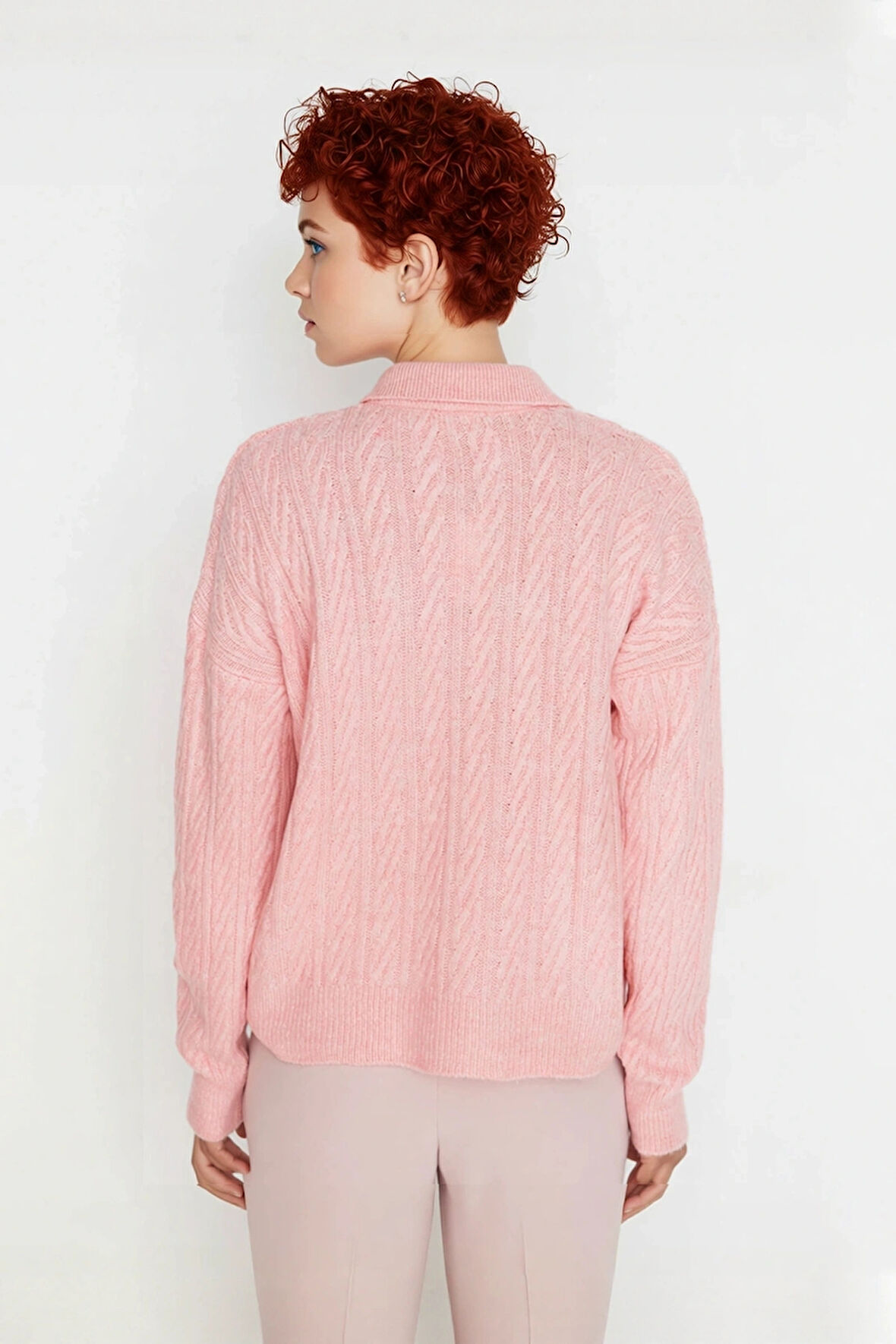 Kadın Kışlık Oversize Polo Yaka Saç Örgü Triko Kazak Düşük Uzun Kollu Basic Rahat Tasarım Kaliteli