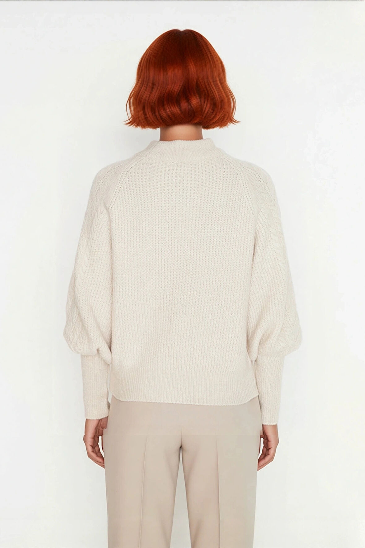 Kadın Regular Fit Yumuşak Dokulu Triko Kazak Balon Kol Dik Yaka Saç Örgü Kış Sezonu Şıklığı