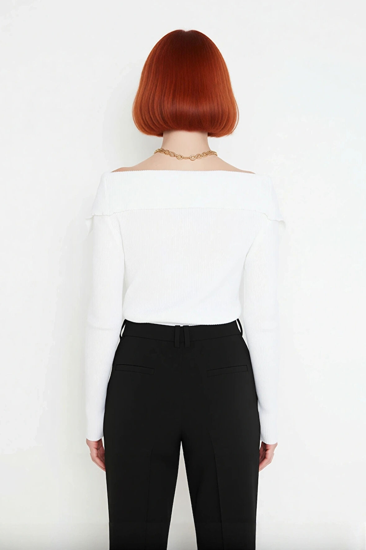 Kadın Modern Fitted Triko Bluz Devrik Carmen Yaka İnce Fitilli Dokuma Uzun Kol Crop Tasarım