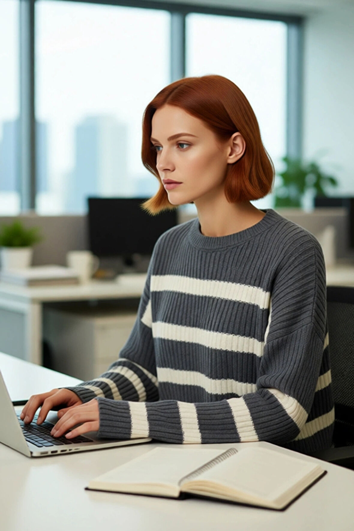 Kadın Basic Siluet Gri Çizgili Akrilik Materyal Crop Triko Kazak Uzun Kollu Günlük Şık Kaliteli