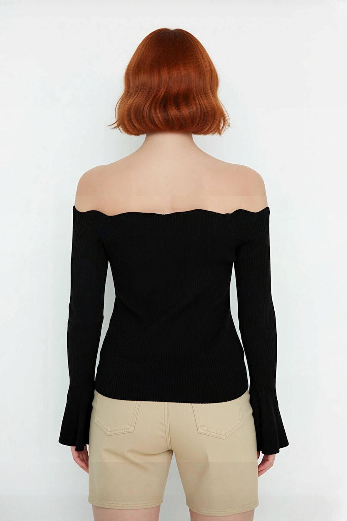 Kadın Carmen Yaka Uzun Kollu Fitted Akrilik Triko Üst Gündüz Gece Basic Fitilli Dokuma Kombin