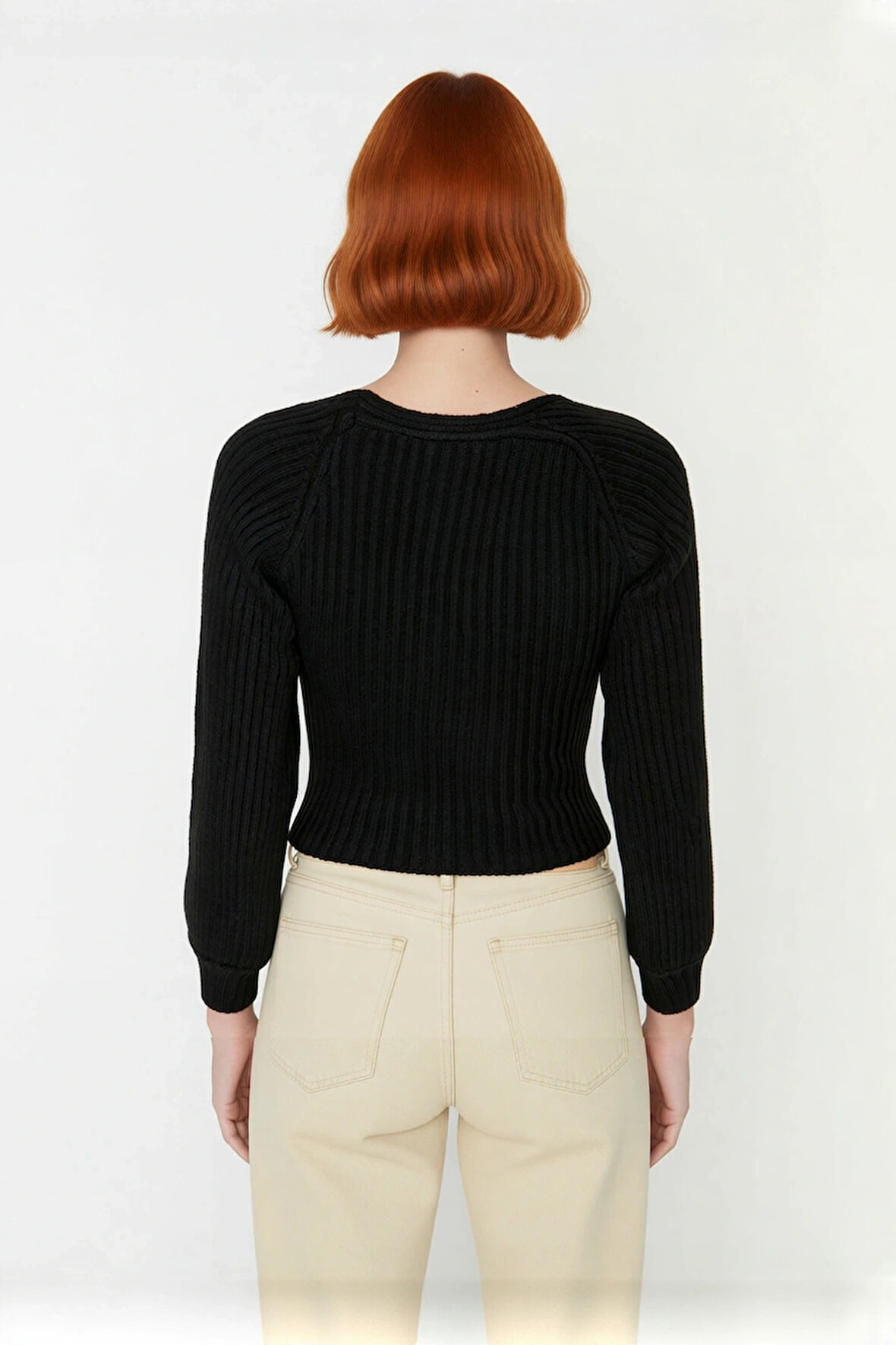 Kadın Basic Fitilli Crop Kahverengi Uzun Kol Kalp Yaka Akrilik Triko Kazak Rahat Gündüz Kombin