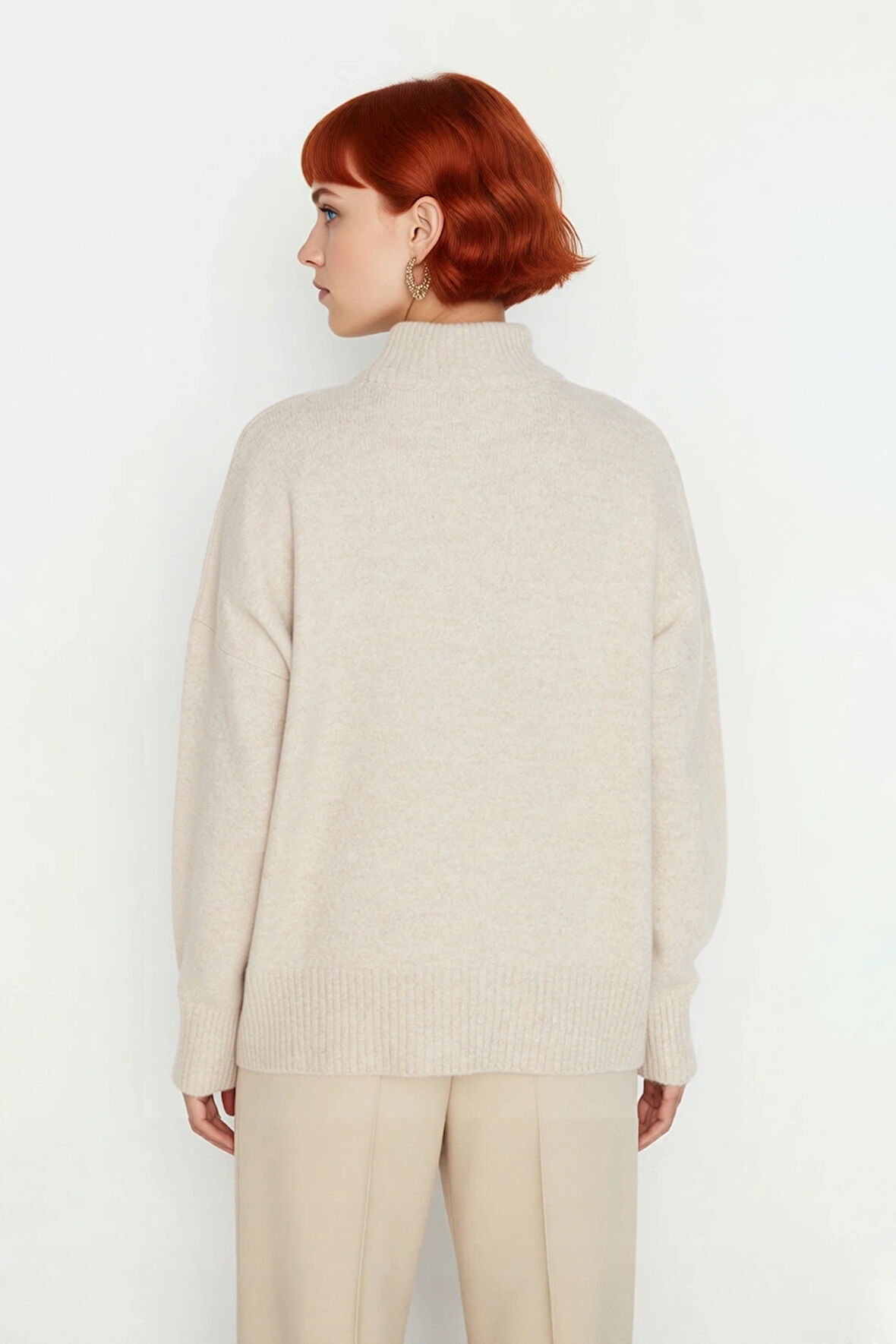 Kadın Günlük Oversize Düşük Kol Dik Yaka Uzun Triko Kazak Kışlık Şık Basic Rahatlık Sunar Kaliteli