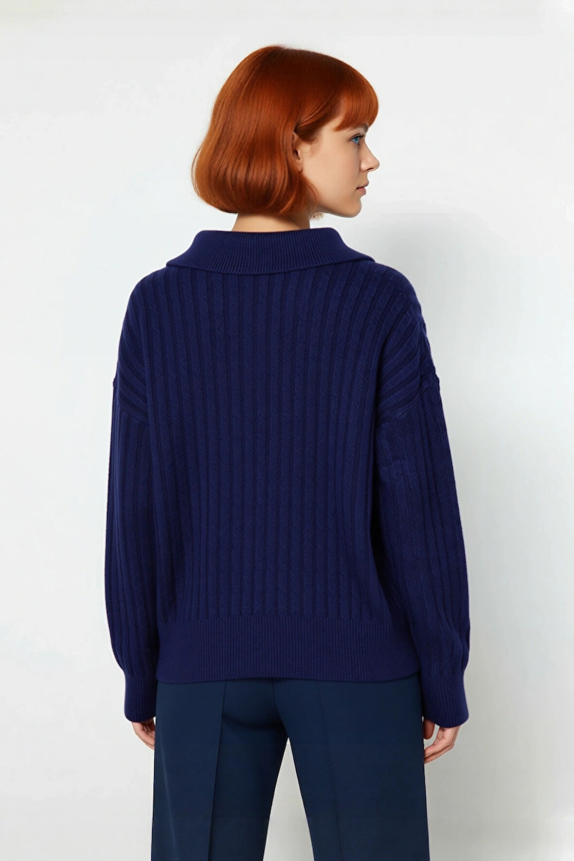 Modern Kadın Oversize Polo Yaka Triko Kazak Rahat Düşük Kol Fitilli Dokusuyla Kış Gardırobunuzun