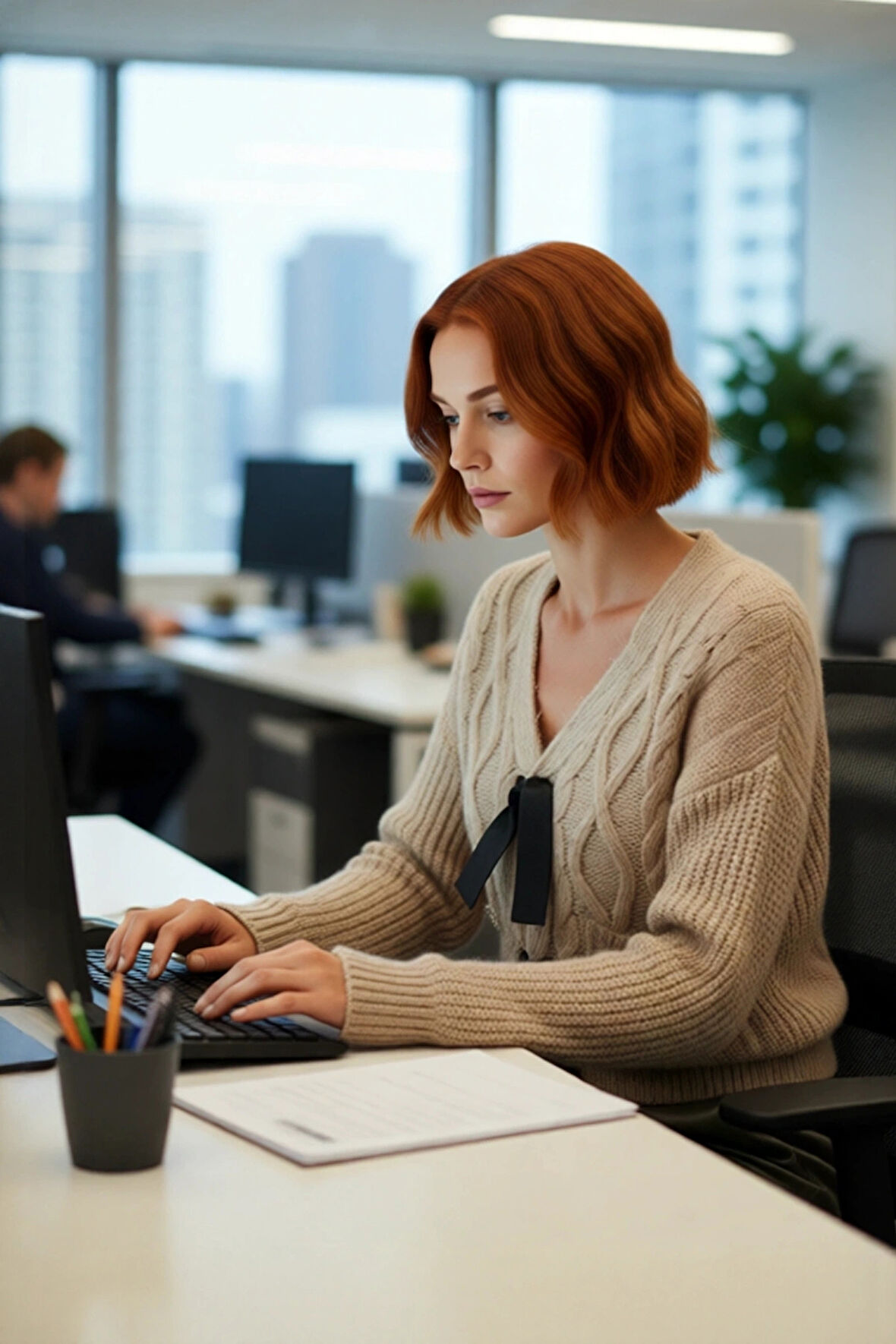 Kadın Kışlık Triko Kazak Regular Kalıp V Yaka Saç Örgü Düşük Kol Crop Fiyonk Detaylı Tasarım