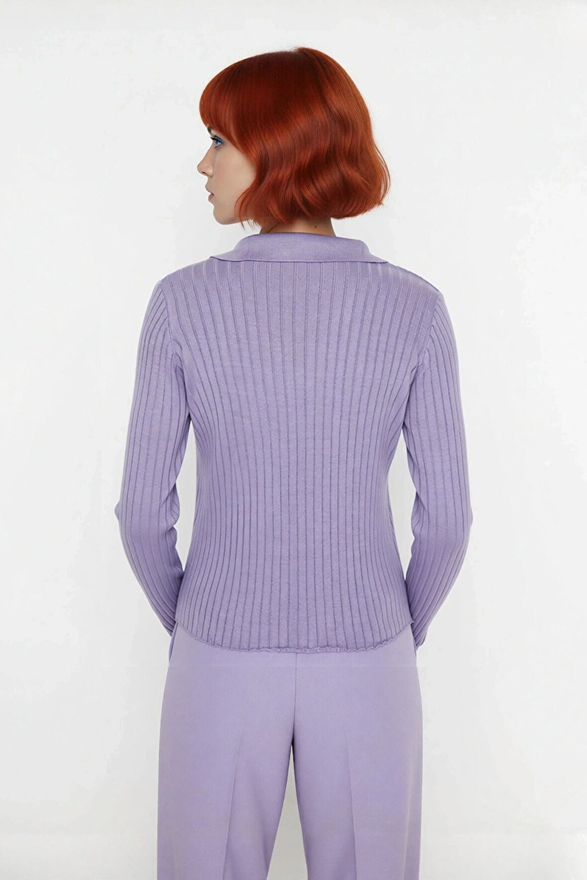 Kadınlar İçin Uzun Kollu Regular Fitilli Triko Kazak Polo Yaka Detaylı Kışlık Şık Görünüm Kaliteli