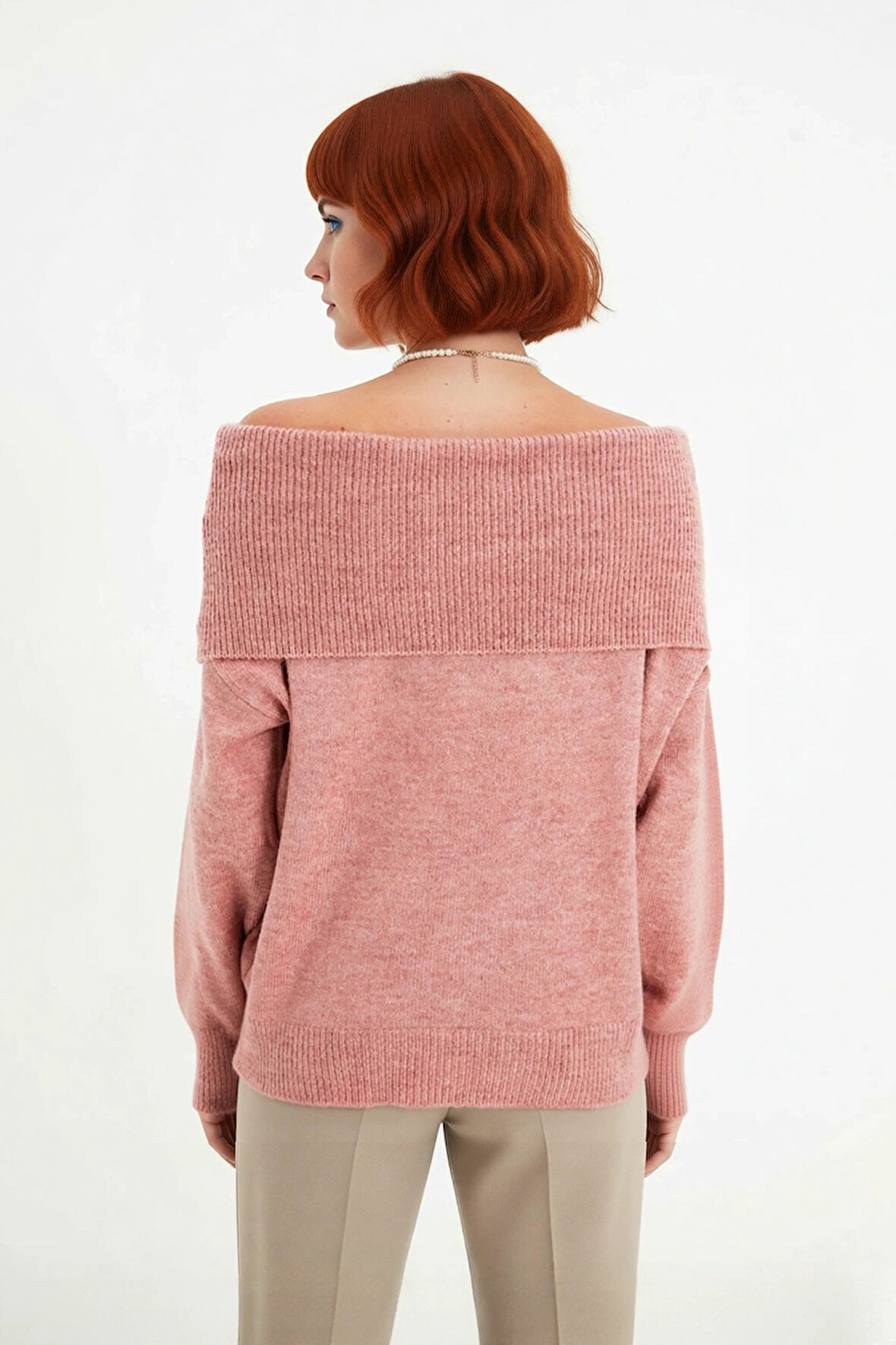 Kadın Triko Kışlık Kazak Regular Kalıp Uzun Kollu Carmen Yaka Günlük ve Şık Kombinler İçin