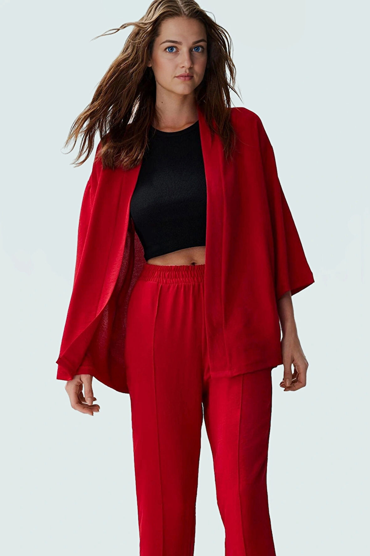 Rahat ve Şık Kimono Pantolon Takım; Aerobin Dokuma Polyester Kumaş Uzun Ömürlü