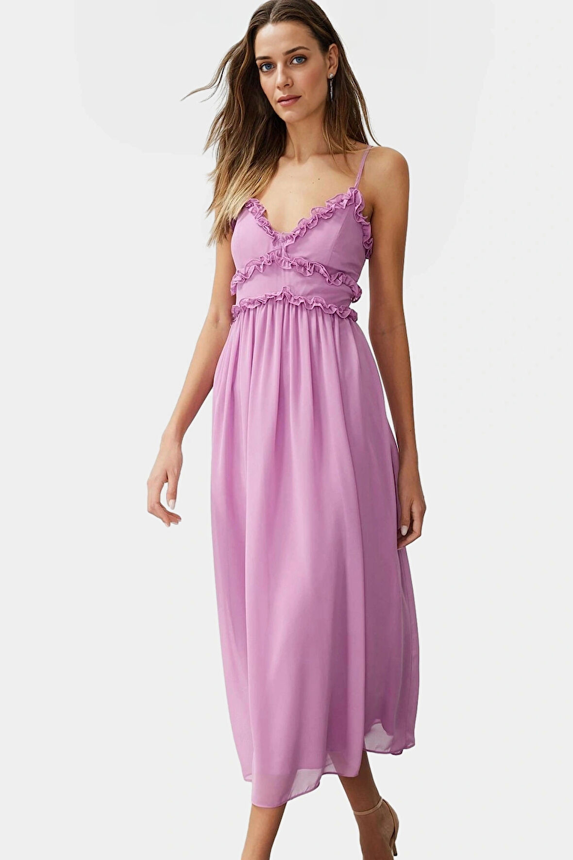 Astarlı Şifon Maxi Elbise Feminen V Yaka Çiçekli Desen Rahat Kalıp Konforlu Kesim Trend Tasarım