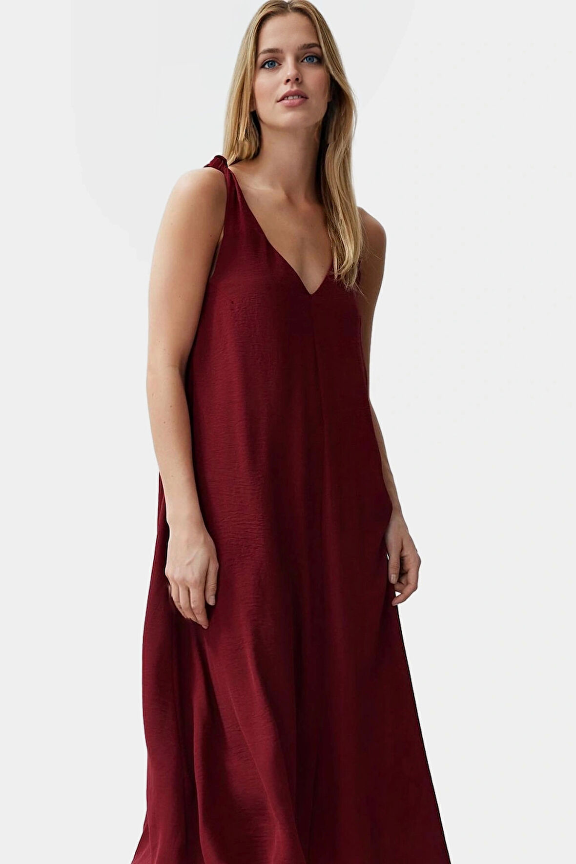 Polyester Aerobin Dokuma Midi Elbise V Yaka Shift Kalıp Modern Stil