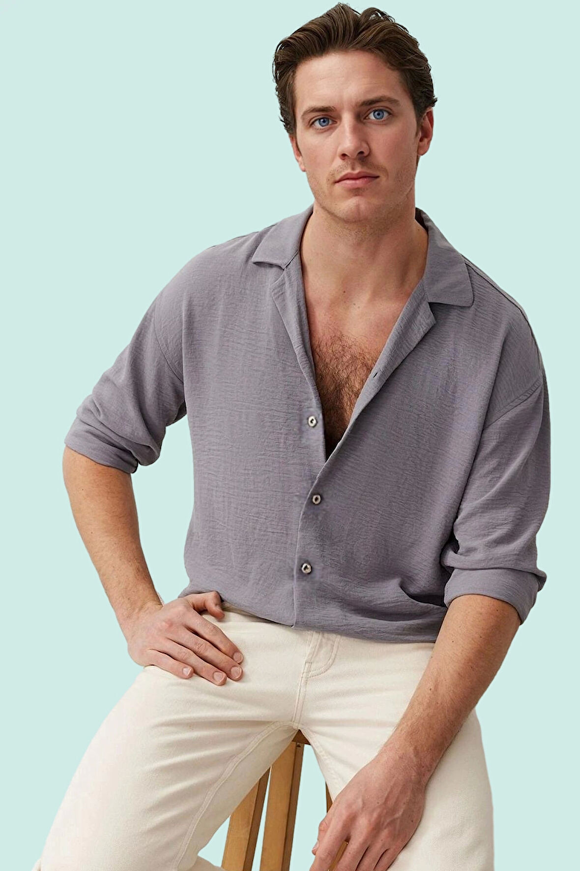 Erkek Yazlık Polyester Gömlek; Apaş Yaka Düz Desen Uzun Kollu Regular Boy Oversize Fit Hafta Sonu