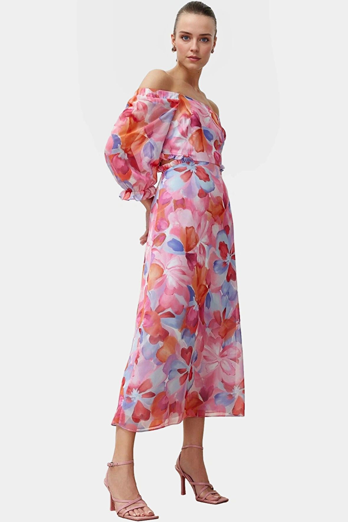 Polyester Şifon Maxi Elbise A line Truvakar Kol Çiçekli Kaliteli İşçilik Seçkin Malzeme