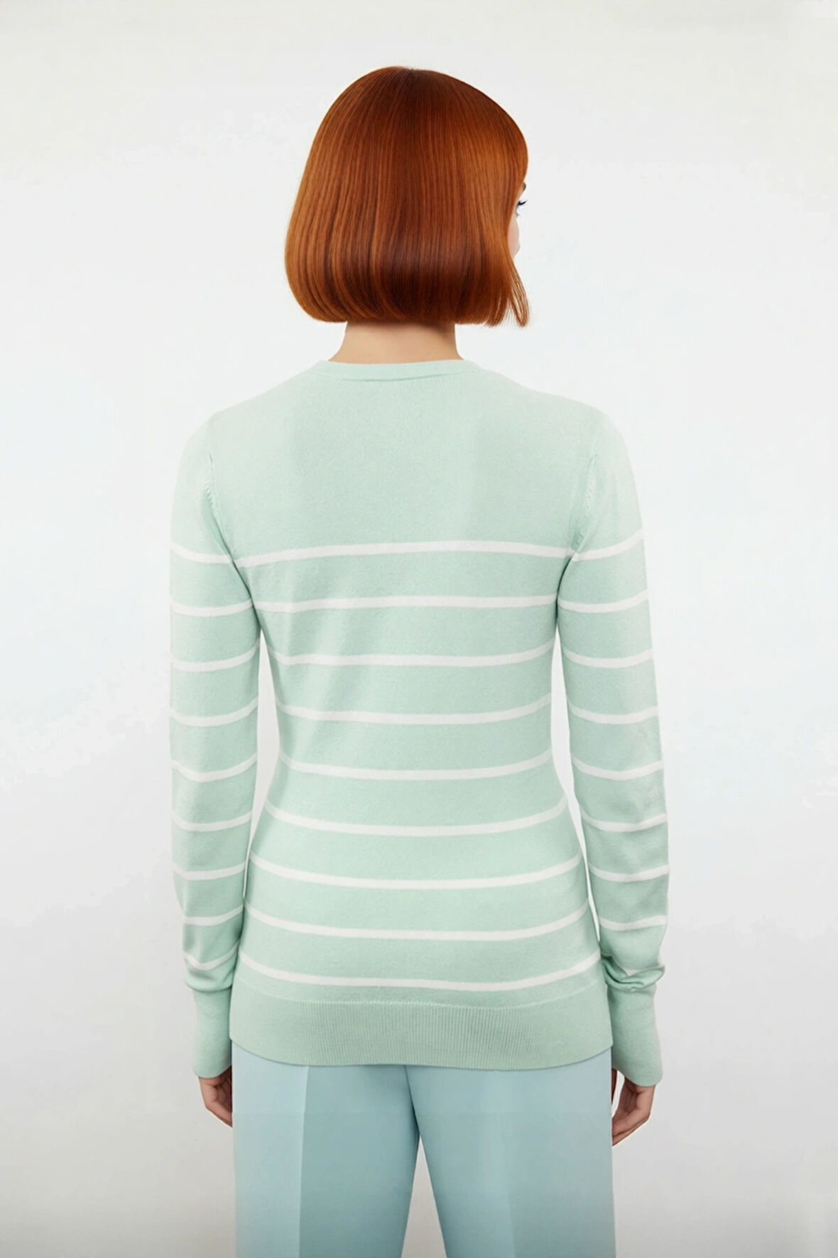 Kadın Modern Ekru Çizgili Bisiklet Yaka Fitted Kesim Triko Kazak İlkbahar Sonbahar Konforu