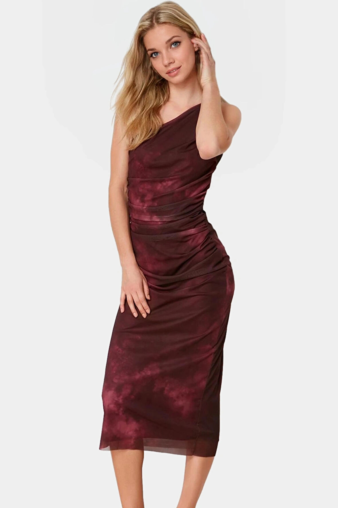 Tek Omuzlu Midi Elbise Vücuda Oturan Aksesuarlı Tül Örme Kumaş Dayanıklı Malzeme