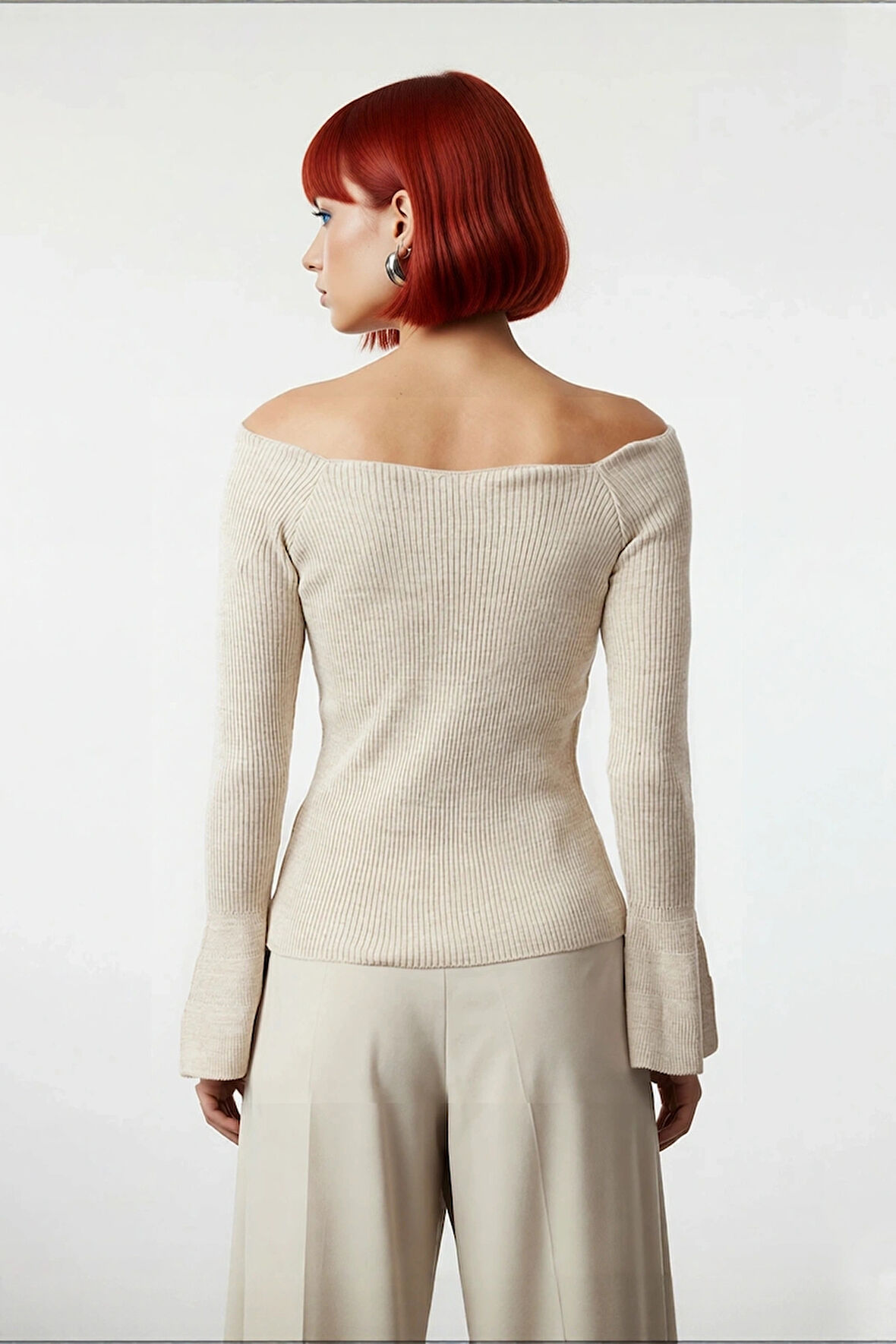 Kadın Carmen Yaka Uzun Kollu Fitted Akrilik Triko Üst Gündüz Gece Basic Fitilli Dokuma Kombin