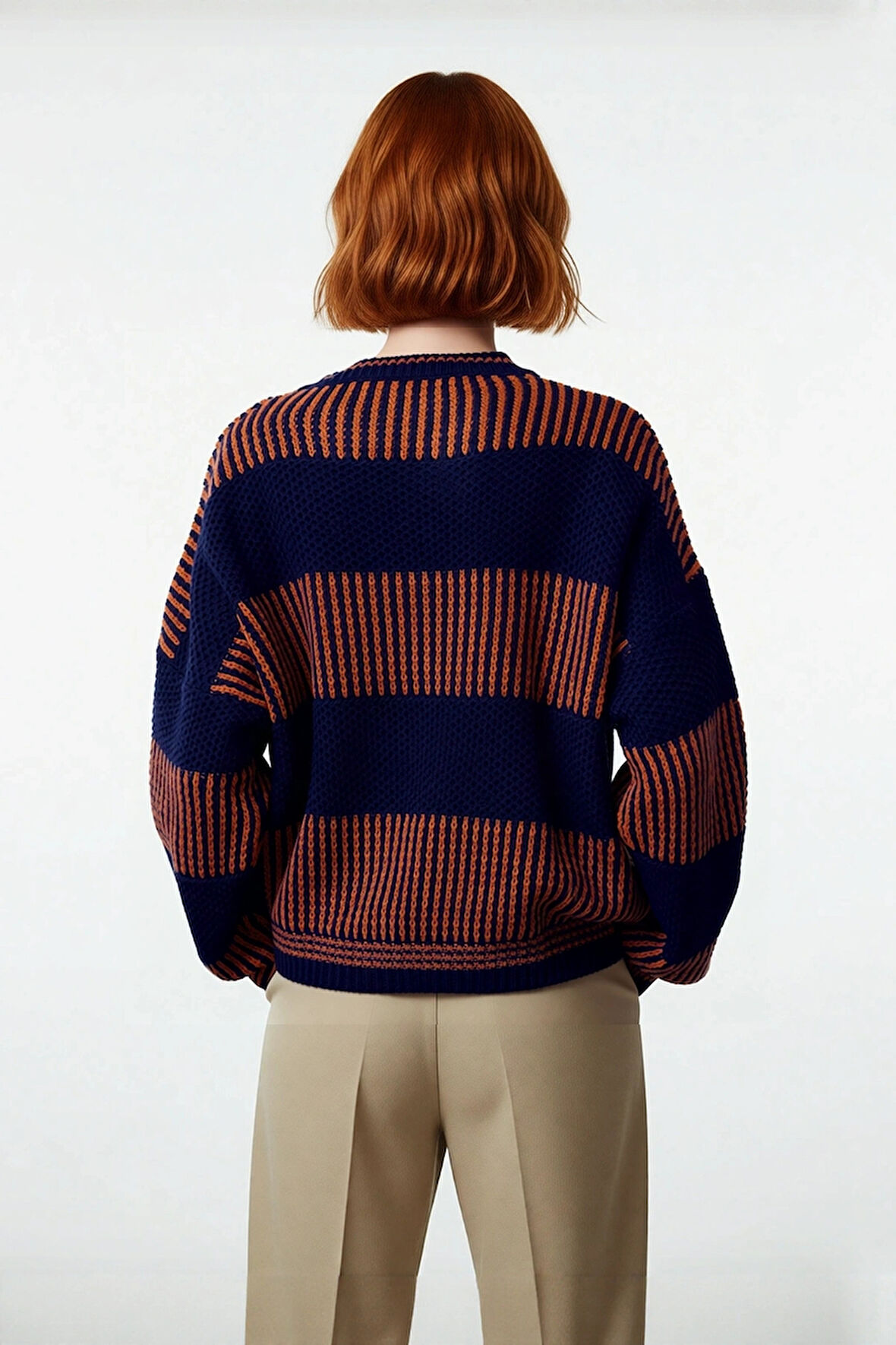 Kadın Basic Siluet Uzun Kollu Oversize Kesim Renk Bloklu Pike Dokuma Triko Kazak Kış Kombinlerinin