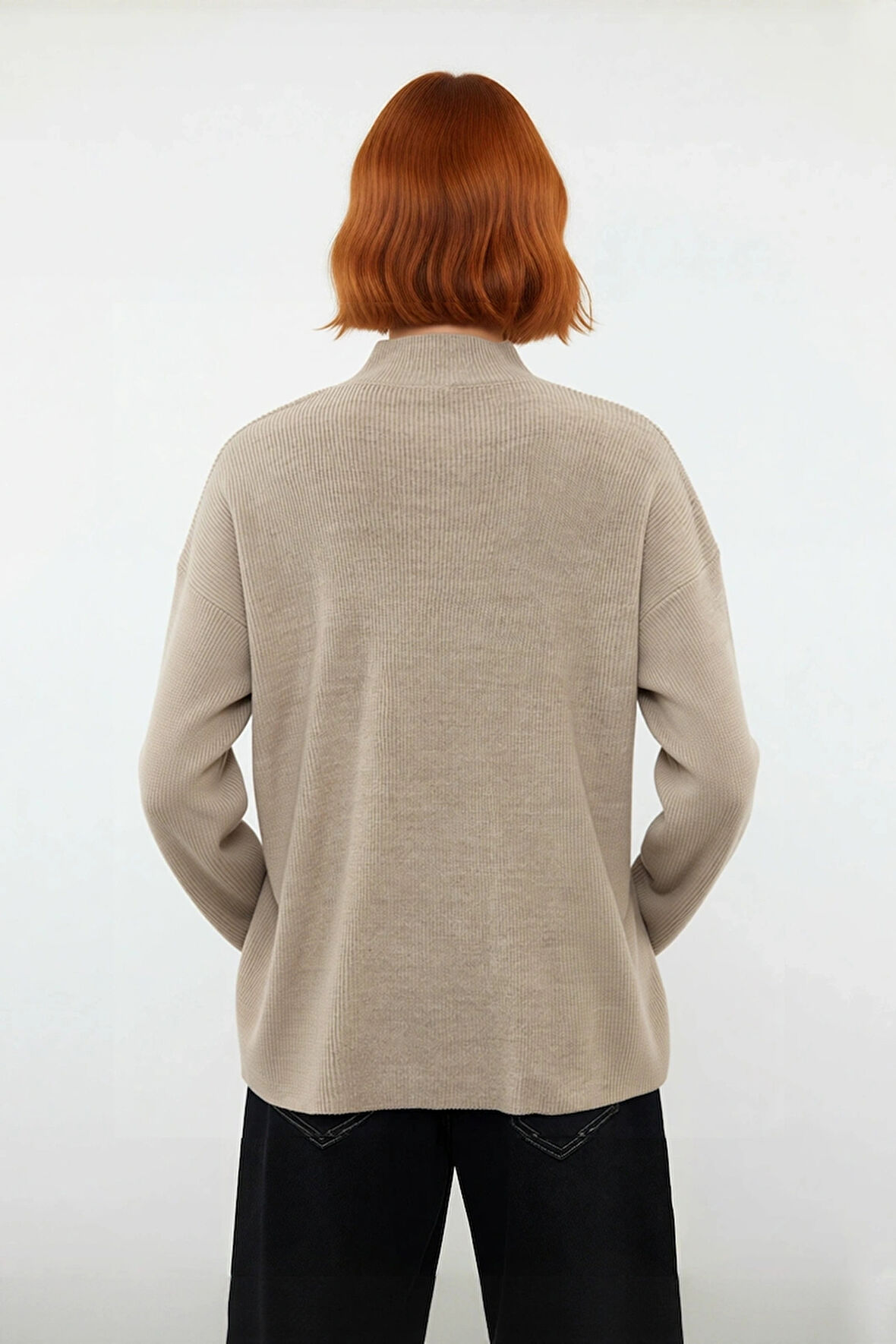 Kadın Basic Oversize Bisiklet Yaka Cut Out Triko Kazak Akrilik Fitilli Uzun Boy Kışlık Rahatlık