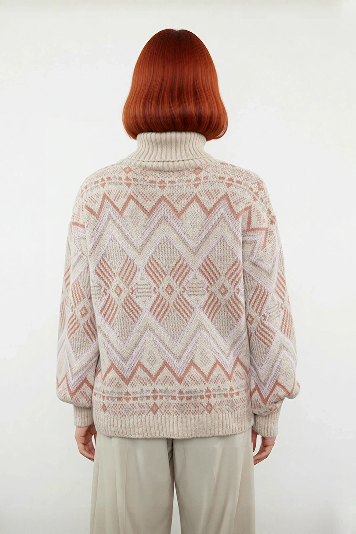 Kadın Uzun Kollu Oversize Kesim Etnik Desenli Balıkçı Yaka Akrilik Triko Kazak Günlük Giyim