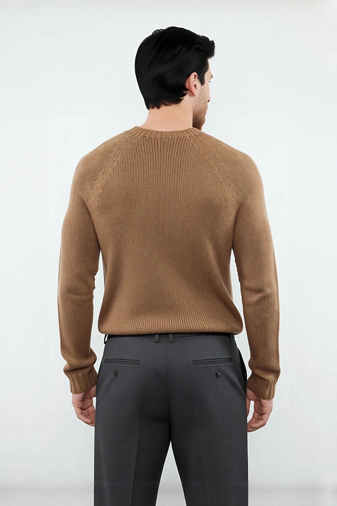 Erkek Mavi Bisiklet Yaka Fitted Seamless Reglan Kol Akrilik Triko Kazak Modern Şıklık Rahatlık