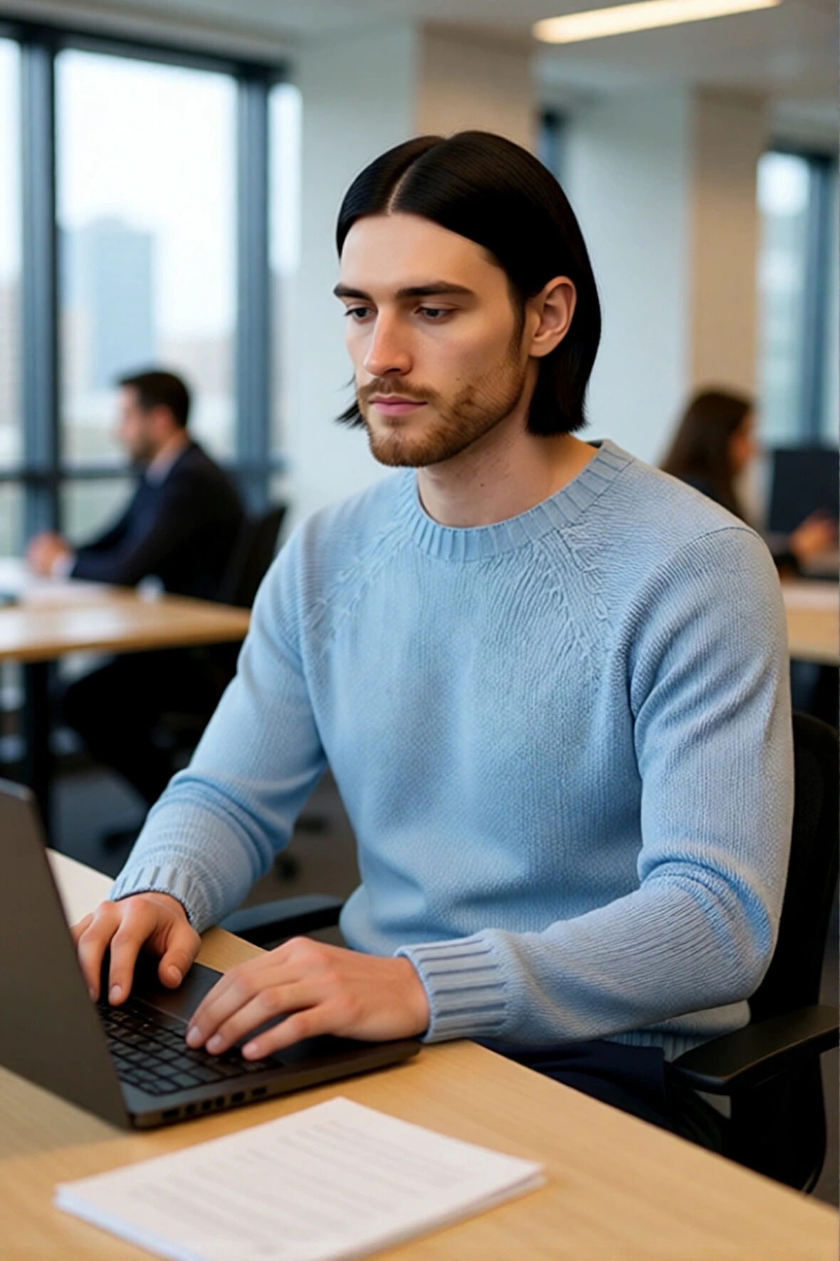 Erkek Mavi Bisiklet Yaka Fitted Seamless Reglan Kol Akrilik Triko Kazak Modern Şıklık Rahatlık