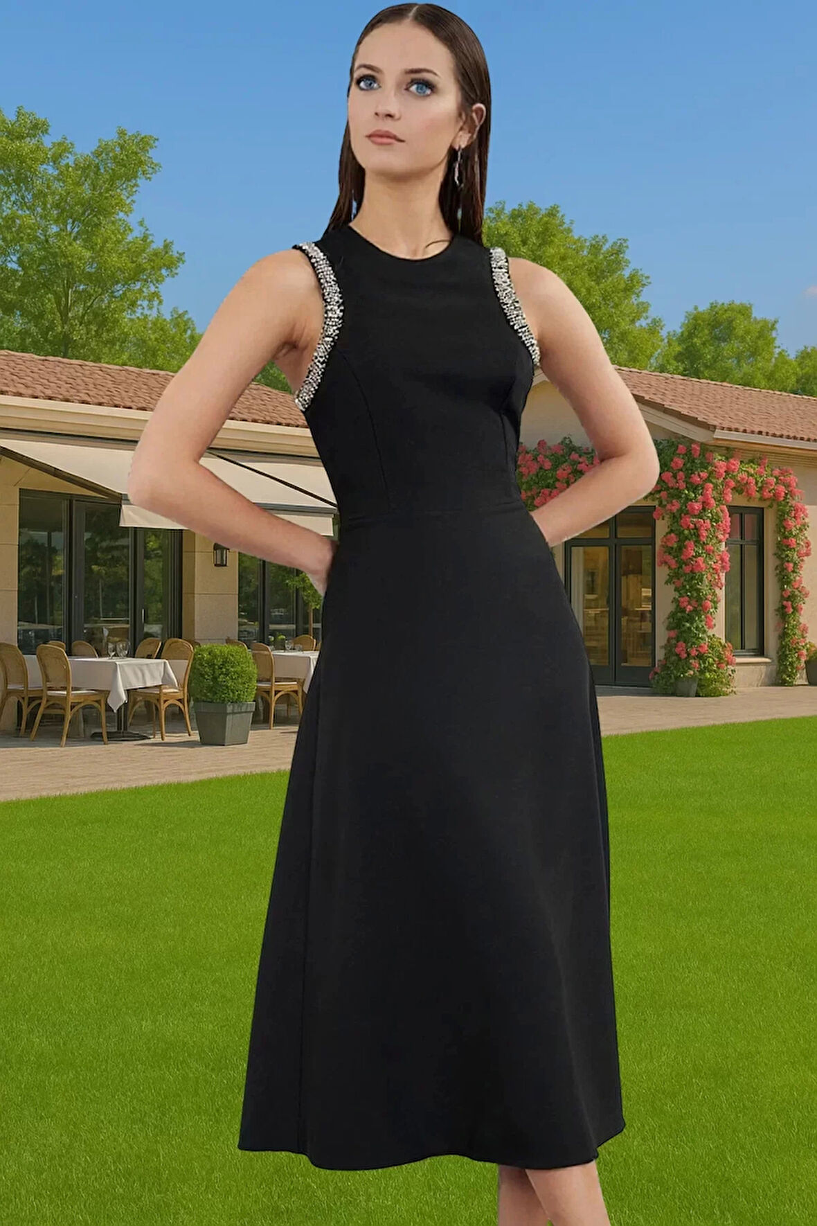 Halter Yaka Taş Detaylı Polyester Abiye Elbise Trend Tasarım Kaliteli İşçilik Özenle Seçilmiş