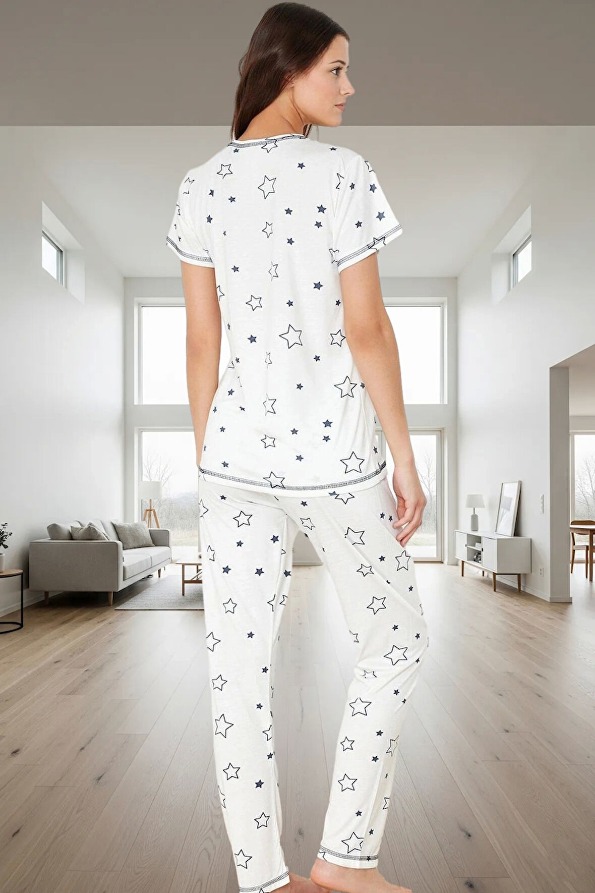 Yıldız Desenli Örme Pijama Takımı Regular Kalıp 2'li Günlük Kullanım İçin