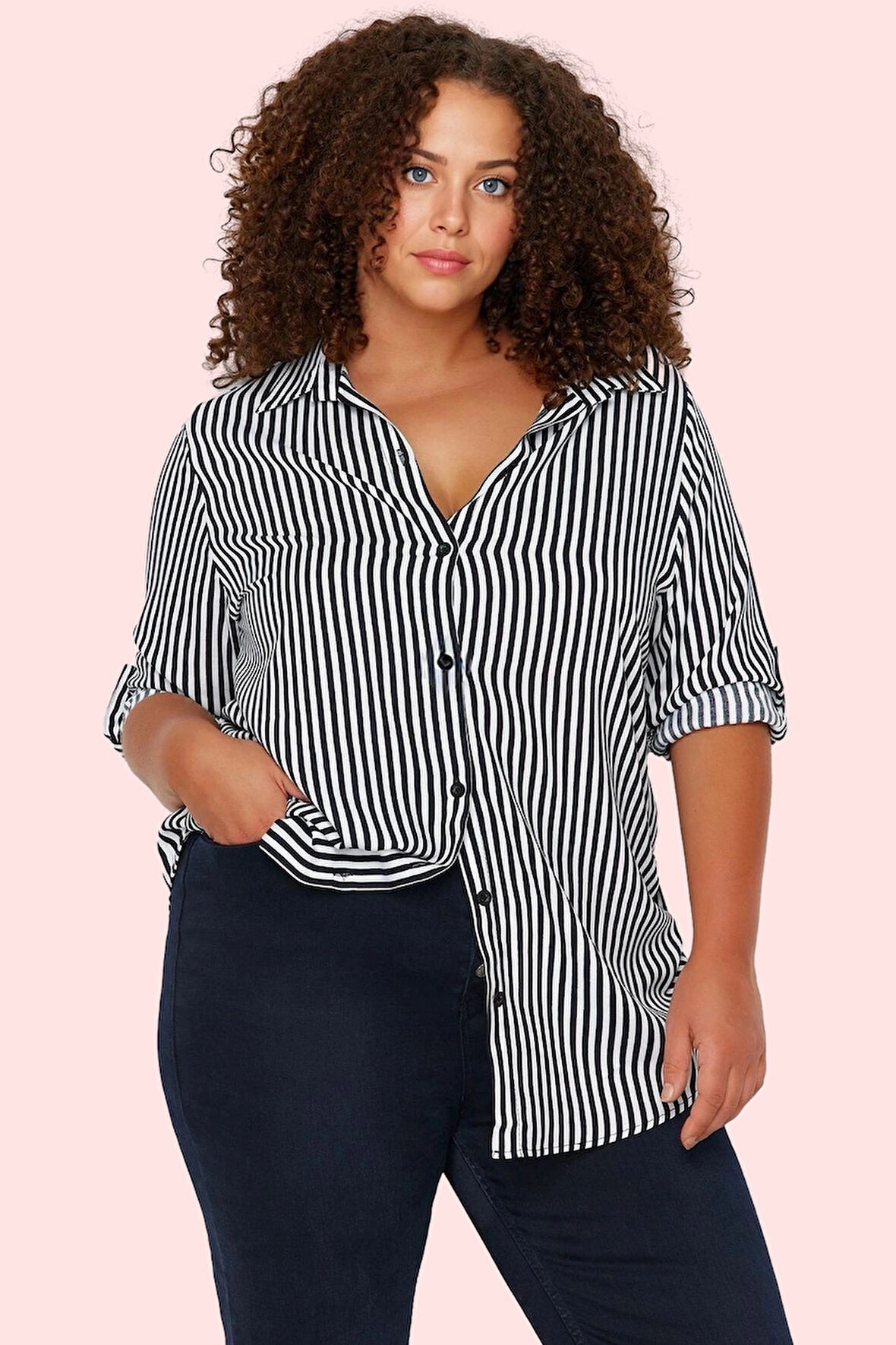 Kadın Dokuma Kumaş Çizgili Desenli Oversize Gömlek Tüm Sezonlar İçin Yaz Aylarının Vazgeçilmezi