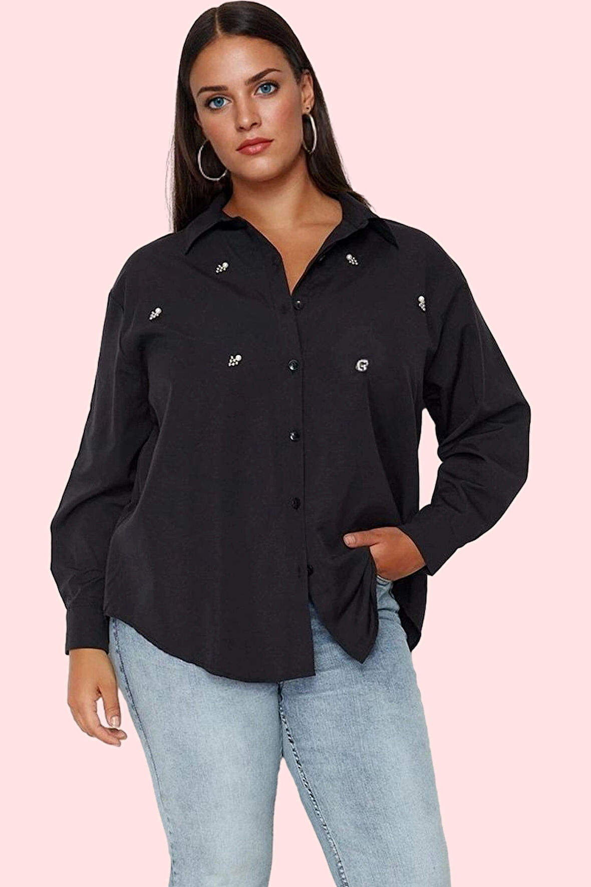 Kadın Regular Poplin Gömlek Taş Detaylı Rahat Günlük Hafta Sonu Yaz Aylarının Vazgeçilmezi