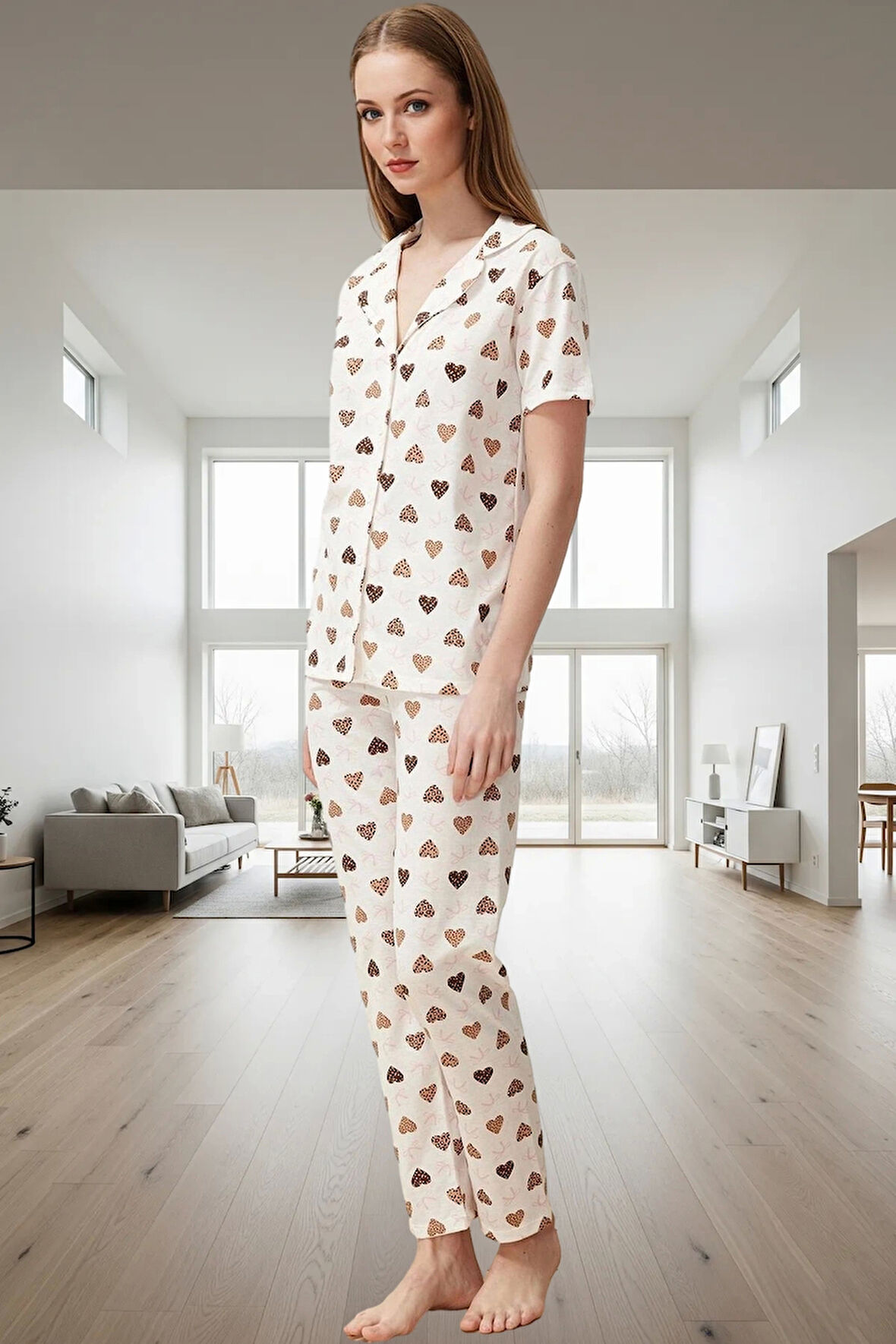 2'li Kalpli Pijama Takımı Pamuk Polyester Örme Kumaş Özenle Seçilmiş Profesyonel Görünüm