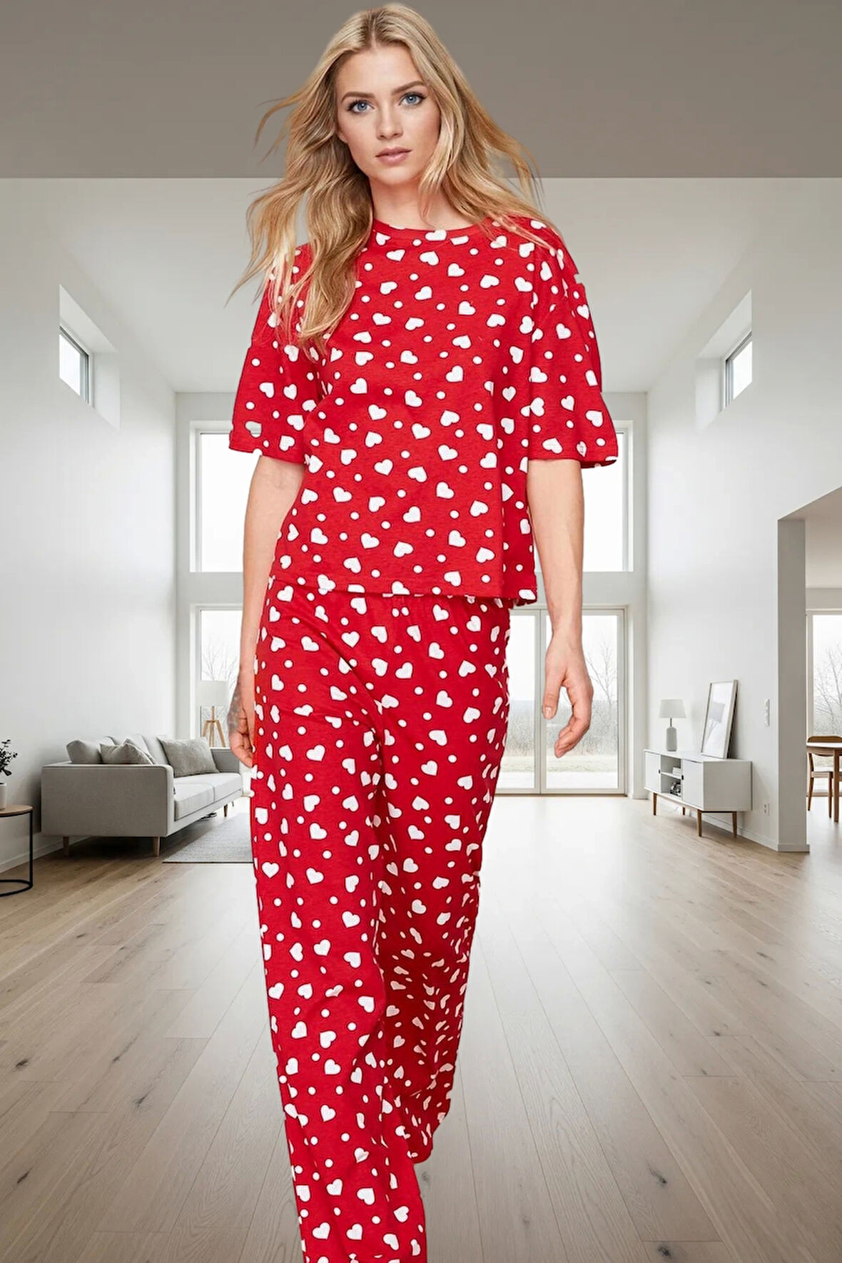 İlkbahar Sonbahar Homewear %100 Pamuklu Kısa Kollu Kalpli Pijama Takımı Zarifane Tasarım