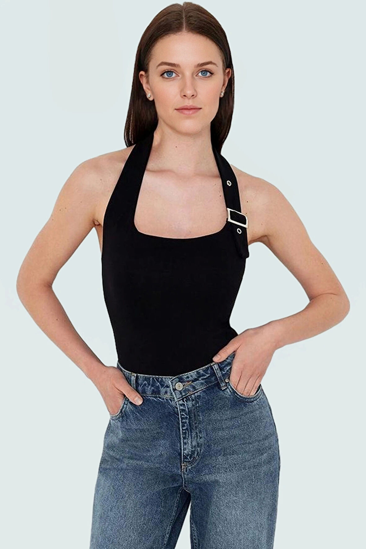 Aksesuar Detaylı Örme Crop Bluz %96 Viskoz %4 Elastan Yazlık Günlük Özenle Seçilmiş