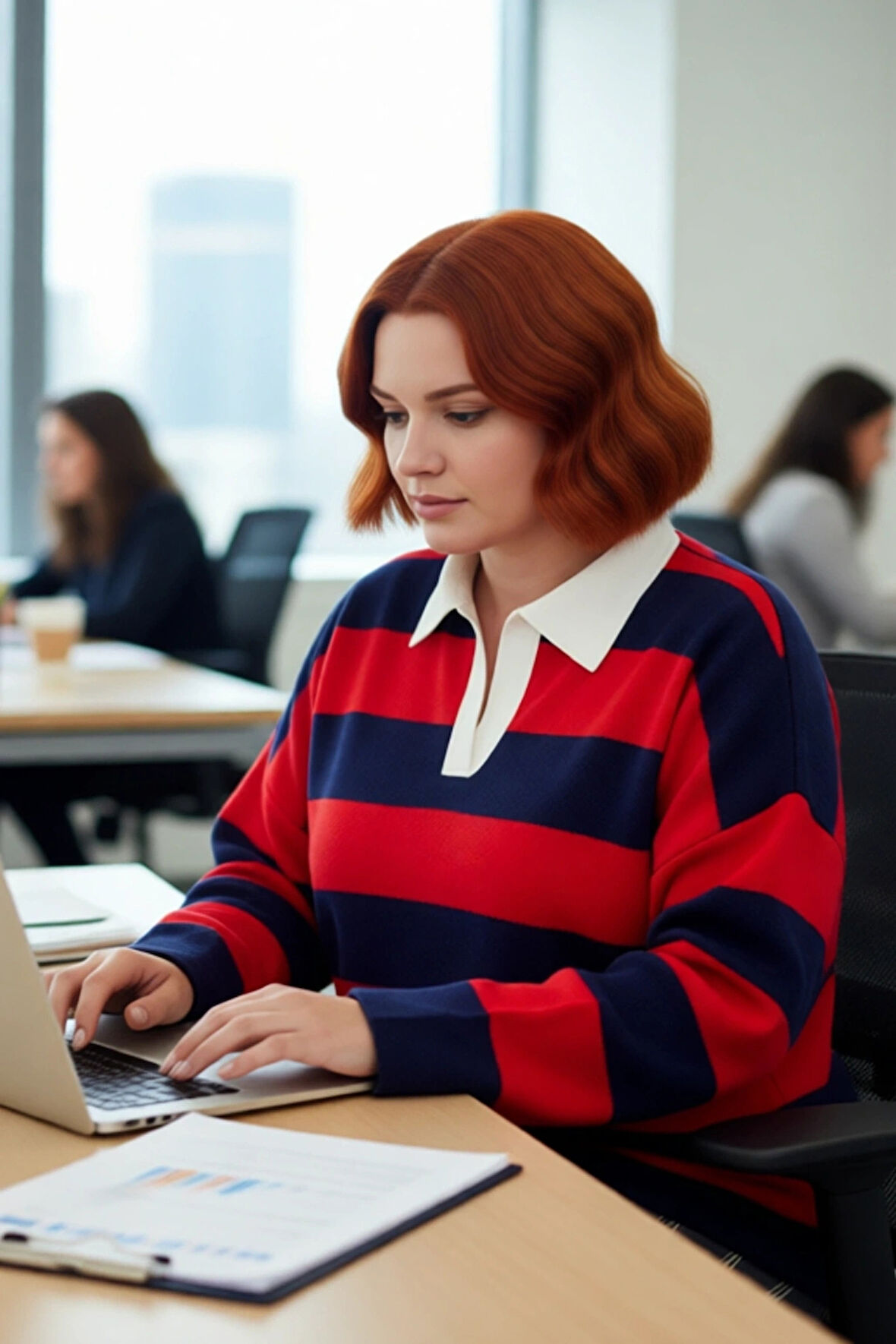 Kadın Konforlu Rahat Kesim Polo Yaka Çizgili Uzun Kollu Triko Kazak Orta Kalınlık Günlük Şıklık